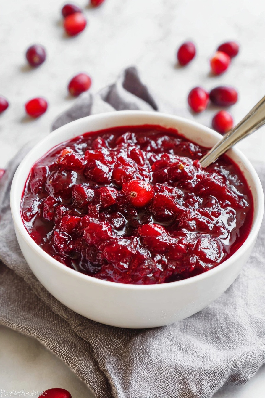 Homemade Cranberry Sauce, easy cranberry sauce, holiday cranberry sauce, quick cranberry condiment, fresh cranberry sauce - A white bowl filled with thick, chunky, deep red cranberry sauce showing whole and partially crushed cranberries, with a shiny, slightly wet texture. The bowl sits on a light gray cloth with a few loose cranberries scattered around it on a white marbled surface. A silver spoon rests inside the bowl, partially dipped into the cranberry sauce. The scene is close up, highlighting the rich red color and texture contrast between the cranberries and the smooth white bowl photo taken with an iphone --ar 2:3 --v 7