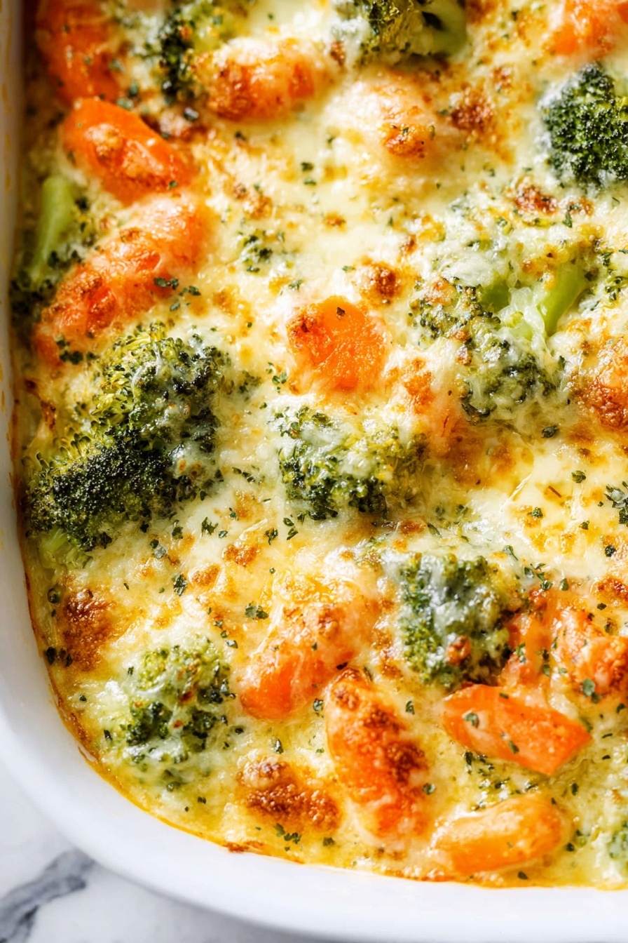 Creamy Vegetable Casserole with Cheese, cheesy vegetable bake, comforting veggie casserole, cheesy baked vegetable dish, easy vegetable casserole - The image shows a close-up of a creamy vegetable casserole in a white baking dish with three visible layers. The bottom layer has lightly browned melted cheese mixed in with green broccoli pieces and orange baby carrots. The middle layer is thick, white, and creamy, with soft melted cheese and sauce covering the vegetables. The top layer consists of more broccoli and carrots, sprinkled with a little black pepper and browned, melted cheese that looks slightly crispy on the edges. A spoon is scooping a portion out, revealing the layers clearly, and the dish sits on a white marbled surface. photo taken with an iphone --ar 2:3 --v 7