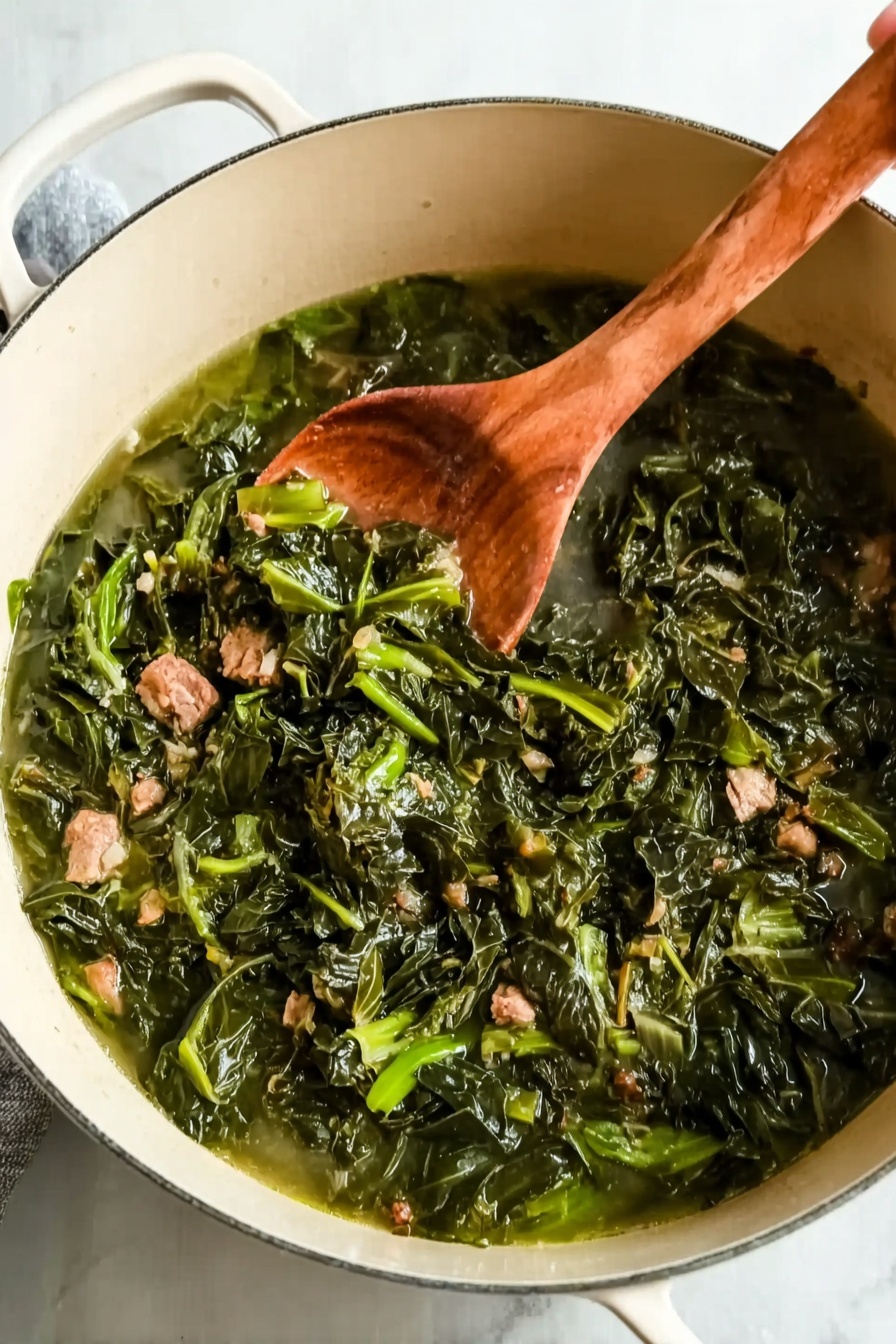 Southern Collard Greens with Bacon, collard greens recipe, bacon collard greens, Southern greens with bacon, smoky collard greens - A white pot filled with cooked leafy greens that are dark green and slightly shiny, mixed with small pieces of light brown meat. The greens look soft and moist, sitting in a clear, light green broth with small bits floating in it. A wooden spoon rests inside the pot, with a woman's hand holding it from the right side. The pot is placed on a white marbled surface. photo taken with an iphone --ar 2:3 --v 7