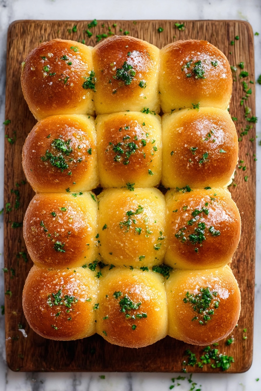 Garlic Butter Dinner Rolls, fluffy dinner rolls, garlic dinner rolls, homemade yeast rolls, soft buttery rolls - A group of 12 soft, golden brown dinner rolls arranged in a 4 by 3 grid on a wooden board. Each roll has a shiny top coated with a light layer of melted butter and is sprinkled with finely chopped green herbs, likely parsley, giving a fresh green contrast to the warm golden color. The rolls touch each other closely, showing their soft texture and round shapes. Small bits of herbs are also scattered on the wooden board around the rolls, adding a rustic touch. The wooden board sits on a white marbled surface. photo taken with an iphone --ar 2:3 --v 7
