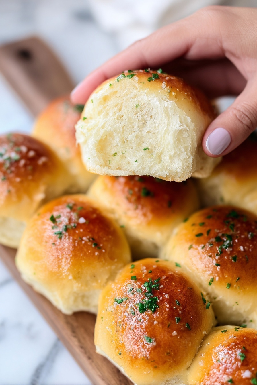 Garlic Butter Dinner Rolls, fluffy dinner rolls, garlic dinner rolls, homemade yeast rolls, soft buttery rolls - The image shows soft, golden-brown dinner rolls with a shiny, slightly crisp top sprinkled with finely chopped green herbs. Each roll is small and round, with a smooth, shiny crust that catches the light. A woman's hand is holding one roll split open to reveal its fluffy, light, and airy inner texture, which is pale cream in color. The rolls sit close together on a wooden board, against a white marbled surface. photo taken with an iphone --ar 2:3 --v 7