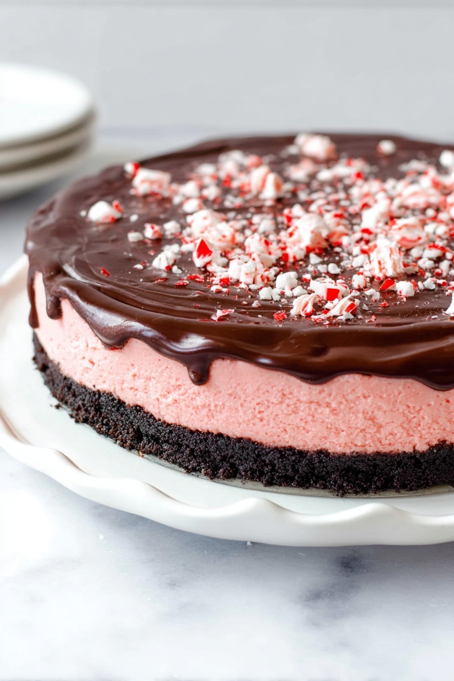 Peppermint Cheesecake with Chocolate Ganache, festive peppermint cheesecake, holiday dessert recipes, mint chocolate cheesecake, easy peppermint dessert - The image shows a round dessert with three clear layers placed on a white marbled surface. The bottom layer is dark brown, almost black, with a crumbly texture, likely a cookie or chocolate crust. Above this is a thick, soft, and airy pink layer that looks creamy. The top layer is a smooth, glossy dark chocolate coating with slight swirls and some melted edges dripping over the pink layer. This chocolate layer is sprinkled with pieces of crushed red and white peppermint candy, adding texture and color contrast to the dark surface. The dessert sits on a white plate with a scalloped edge. photo taken with an iphone --ar 2:3 --v 7