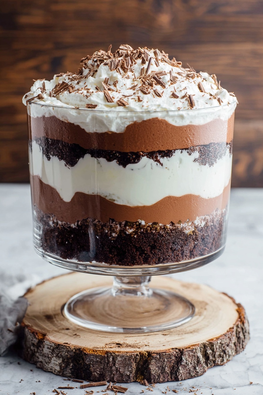 Decadent Brownie Trifle with Chocolate Pudding, brownie trifle recipe, layered chocolate dessert, easy brownie trifle, no-bake chocolate dessert - A tall clear glass bowl shows a layered dessert with seven visible layers from bottom to top: dark chocolate cake crumbs, white creamy layer, smooth milk chocolate layer, another layer of dark chocolate cake crumbs, white creamy layer, light brown chocolate mousse layer, and a top thick white whipped cream layer sprinkled with fine dark chocolate shavings. The bowl sits on a round piece of wood with bark on the edges, all placed on a white marbled surface. Photo taken with an iphone --ar 2:3 --v 7