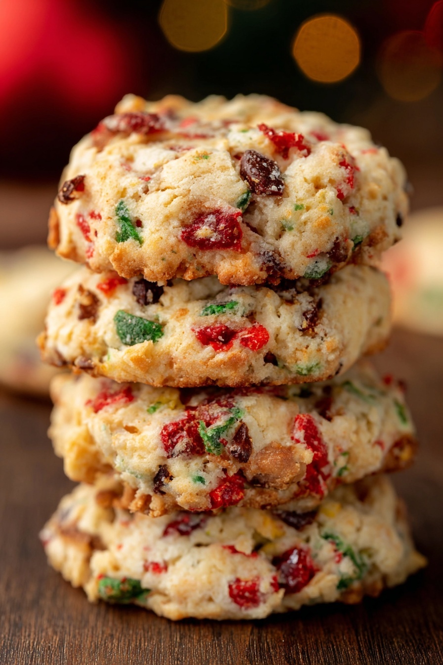 Fruitcake Cookies with Nuts and Candied Fruit, festive cookie recipe, holiday cookie idea, nut and candied fruit cookies, easy Christmas cookies - A stack of four round cookies is shown, each cookie thick and textured with a golden-brown base mixed with white dough. The cookies have colorful bits of red, green, and brown scattered throughout, giving a festive look. The surface of the cookies shows rough, slightly cracked edges with the red pieces appearing shiny and slightly soft, while the green and brown parts add contrast and texture. The stack is placed on a dark wooden surface with a softly blurred background in warm tones. Photo taken with an iphone --ar 2:3 --v 7