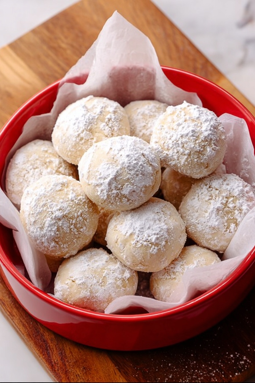 Snowball Cookies, Snowball Cookies Recipe, buttery melt-in-your-mouth cookies, holiday cookie ideas, easy snowball cookies - A round red bowl lined with white parchment paper holds about a dozen small round cookies. Each cookie is pale beige in color with a soft texture, lightly dusted with powdered sugar that creates a white, powdery layer on top, giving them a snowy look. The cookies are layered slightly unevenly, some resting on top of others. The bowl is set on a wooden cutting board, with a white marbled surface visible at the edges. photo taken with an iphone --ar 2:3 --v 7
