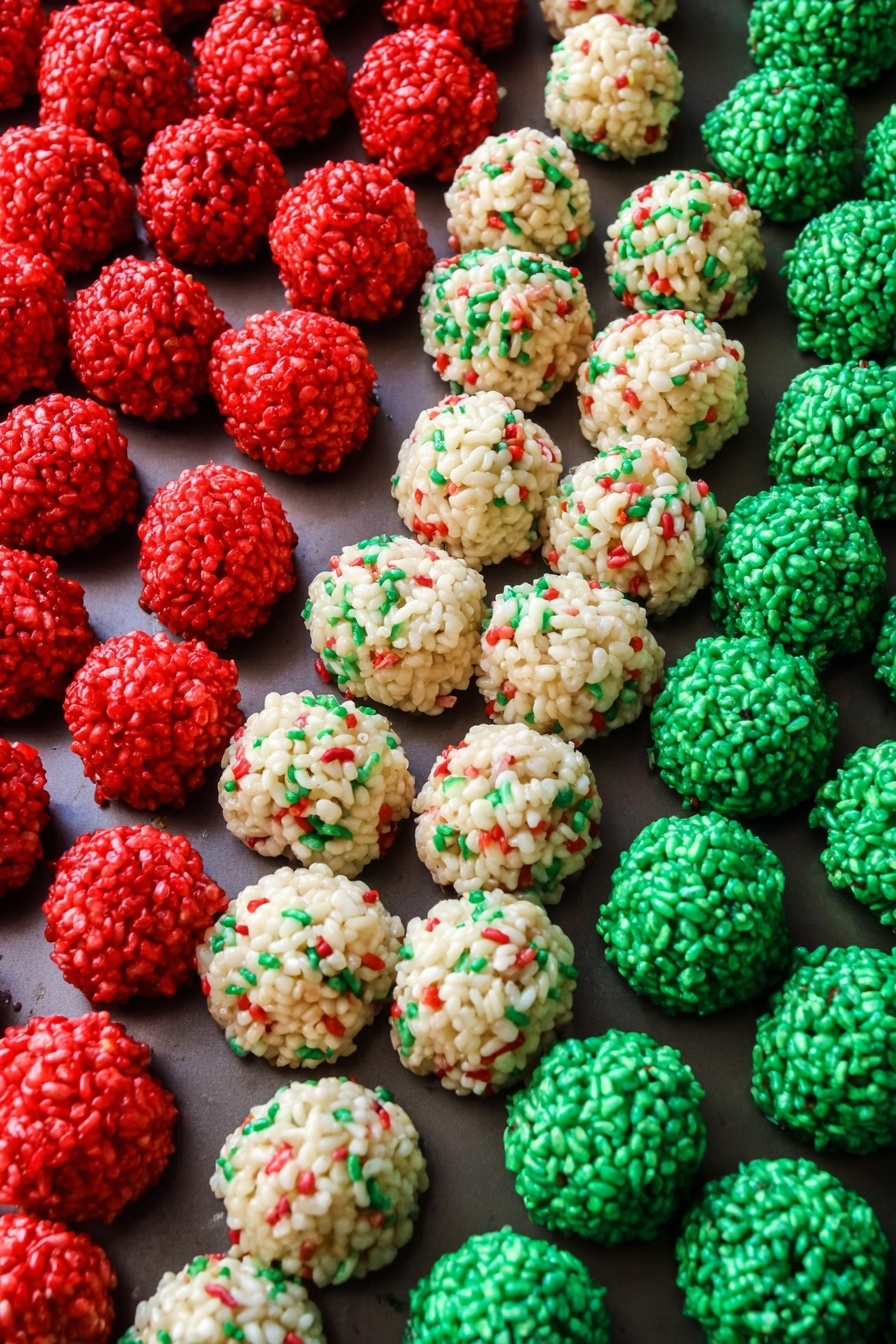 Festive Christmas Rice Krispie Bites, Christmas holiday treats, easy holiday desserts, colorful Krispie treats, no-bake Christmas snacks - The image shows many small round rice treats in three colors: red, white, and green. They are arranged in three groups on a tray with a dark surface. Each treat looks shiny and has small sprinkles inside with tiny bits of red, green, and white colors mixed in. The shapes of the treats are almost perfect spheres and they fill the tray closely but not stacked. The red treats are on the left side, the white treats are in the middle, and the green treats are on the right side. Photo taken with an iphone --ar 2:3 --v 7