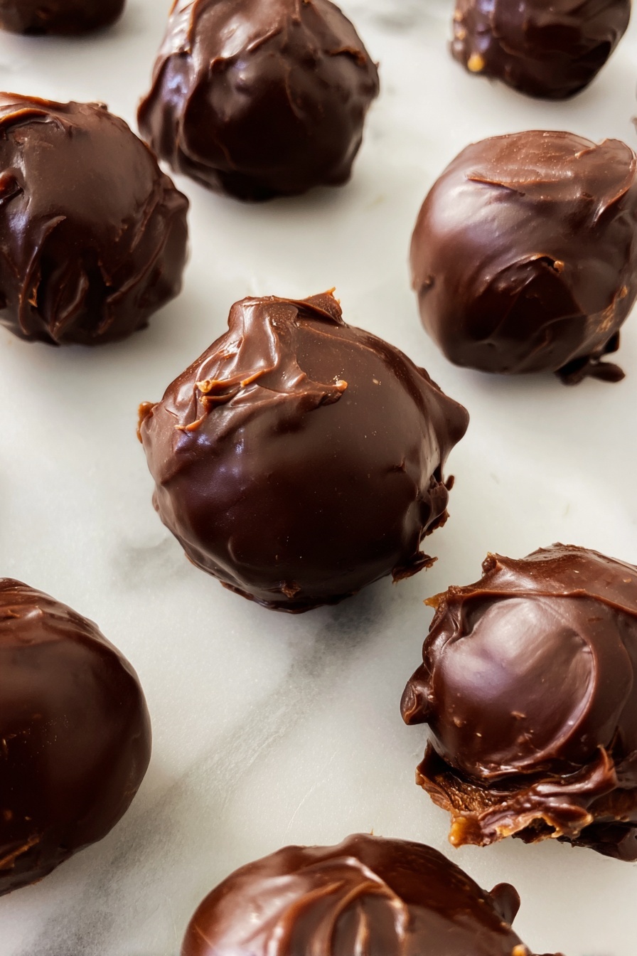 Homemade Malted Milk Balls, Malted Milk Balls Recipe, How to Make Malted Milk Balls at Home, Easy Malted Milk Confections, DIY Malted Milk Sweets - The image shows a group of round chocolate truffles with shiny, slightly rough textured chocolate coating. Each truffle is unevenly covered, with small peaks and swirls in the chocolate, giving a homemade look. They rest scattered on a white marbled surface, and the lighting highlights the rich, dark brown color of the chocolate with some reflections on the smooth parts. Photo taken with an iphone --ar 2:3 --v 7
