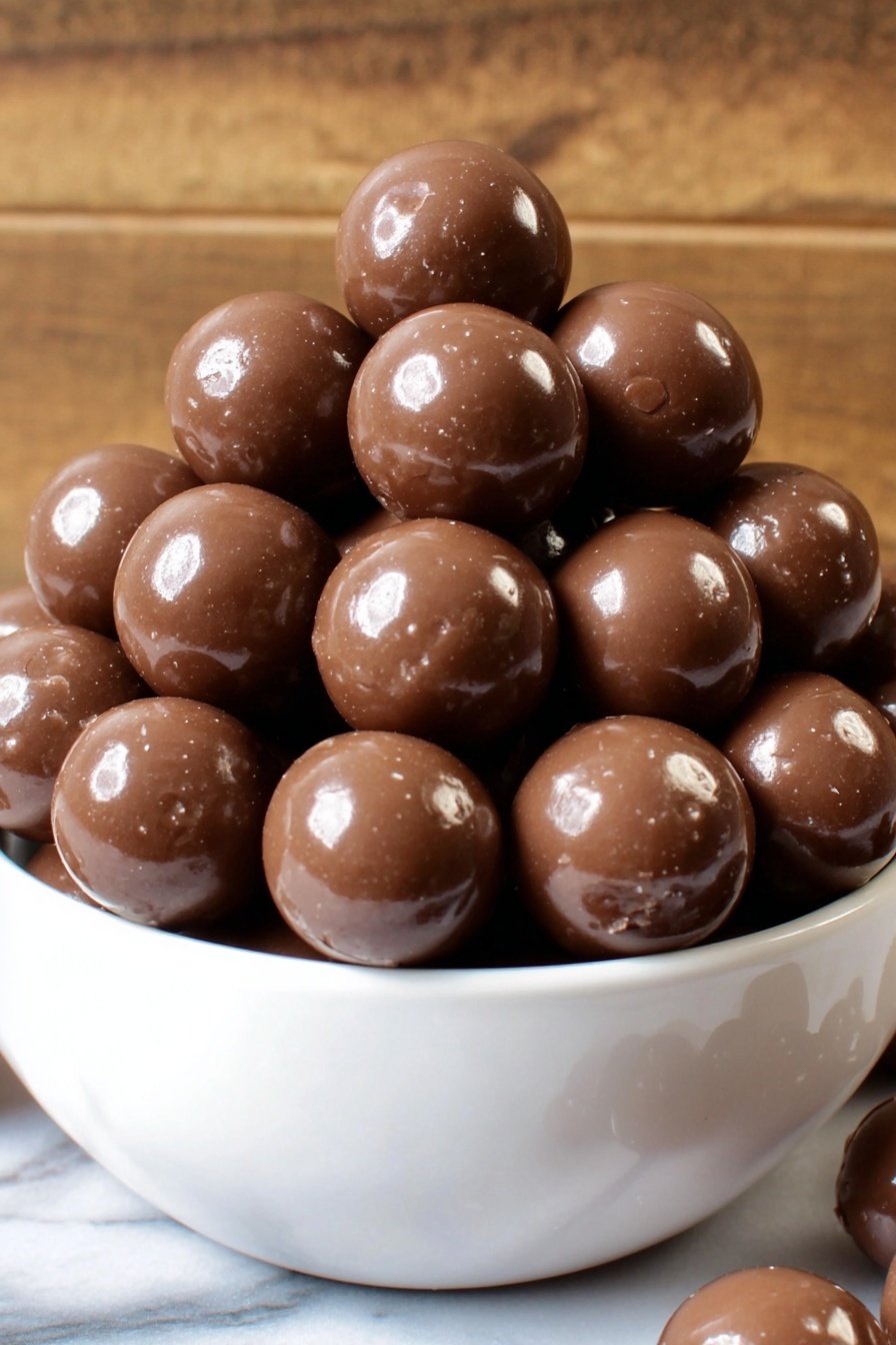 Homemade Malted Milk Balls, Malted Milk Balls Recipe, How to Make Malted Milk Balls at Home, Easy Malted Milk Confections, DIY Malted Milk Sweets - A white bowl filled with a pile of shiny, smooth milk chocolate balls, stacked in several layers with some balls resting on top and others tightly packed around the sides, all showing reflections of light on their glossy surfaces. The bowl sits on a white marbled surface with a blurry wooden background. Photo taken with an iphone --ar 2:3 --v 7