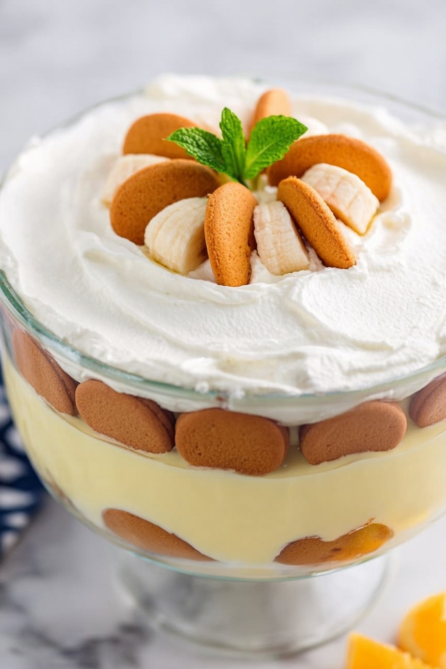 Banana Pudding, Easy Banana Pudding, Classic Banana Pudding, Creamy Banana Dessert, No-Bake Banana Pudding - This image shows a dessert in a clear glass bowl with multiple layers. The bottom layer in the bowl is creamy pale yellow pudding or custard. Above it, there is a layer of brown round cookies or biscuits placed vertically and closely together around the edge. Another layer of the same pale yellow pudding is on top of the cookies. The top layer is white whipped cream spread smoothly to cover the whole surface. On the center of the whipped cream, there are three orange cookies and three slices of banana arranged in a small pile with a small green mint leaf on top. The bowl is placed on a white marbled surface. Photo taken with an iphone --ar 2:3 --v 7