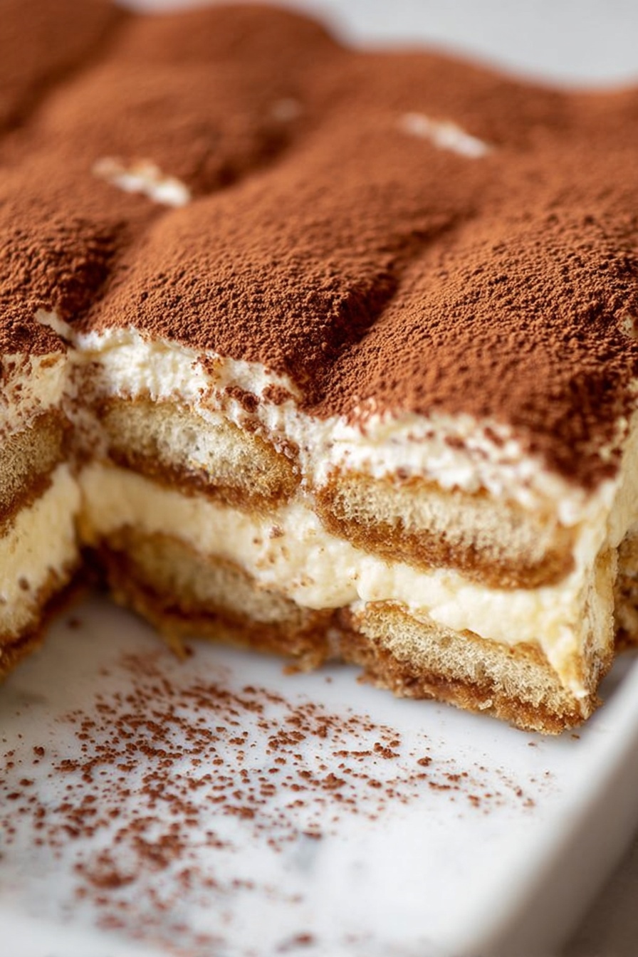 Easy Classic Tiramisu, Italian dessert, coffee and mascarpone dessert, homemade tiramisu, simple tiramisu recipe - The image shows a close-up of a piece of tiramisu on a white plate with a white marbled surface underneath. The tiramisu has three visible layers: a bottom layer of light brown soaked ladyfingers, a middle layer of creamy off-white mascarpone filling, and a top layer of cocoa powder dusted evenly in rich brown color. The texture of the ladyfingers is soft and sponge-like, while the mascarpone layer looks smooth and creamy. The top cocoa powder has a fine, powdery texture with slight indentations on the surface. Some cocoa powder is also scattered on the plate around the tiramisu, and the overall focus captures the dessert's soft and moist texture. Photo taken with an iphone --ar 2:3 --v 7