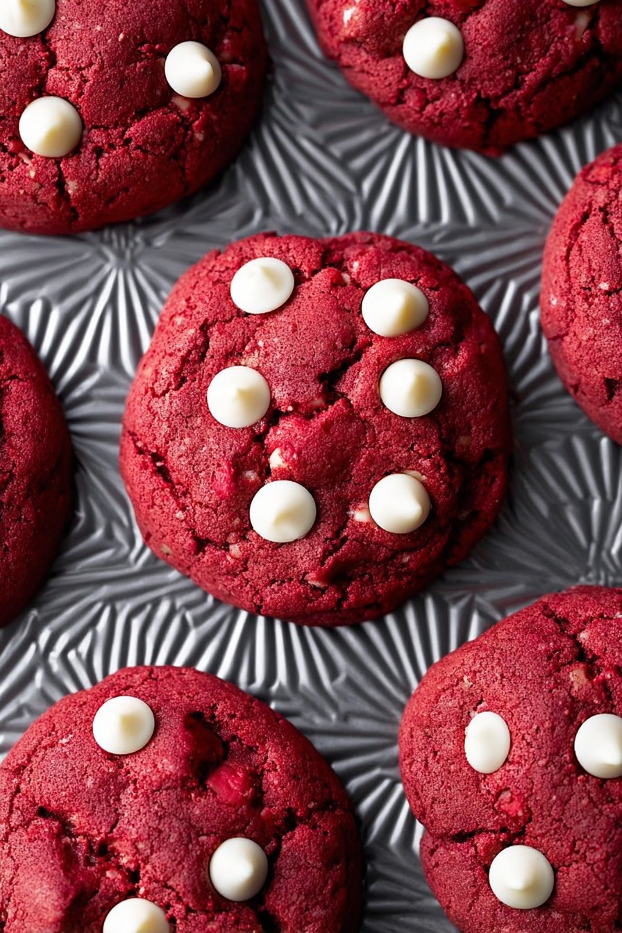 Cheesecake Stuffed Red Velvet Cookies, red velvet cheesecake cookies, cheesecake filled red velvet cookies, soft red velvet cookies with cheesecake, indulgent cheesecake cookies - The image shows five thick red cookies with a soft texture, each dotted with several smooth white chocolate chips that stand out clearly against the rich red surface. The cookies are arranged on a metallic tray with a geometric, sunburst pattern, adding contrast with its shiny gray color and textured details. The red color of the cookies is deep and even, with slight cracks that give a sense of softness inside. The light reflects subtly on the white chocolate chips and the textured tray beneath. photo taken with an iphone --ar 2:3 --v 7