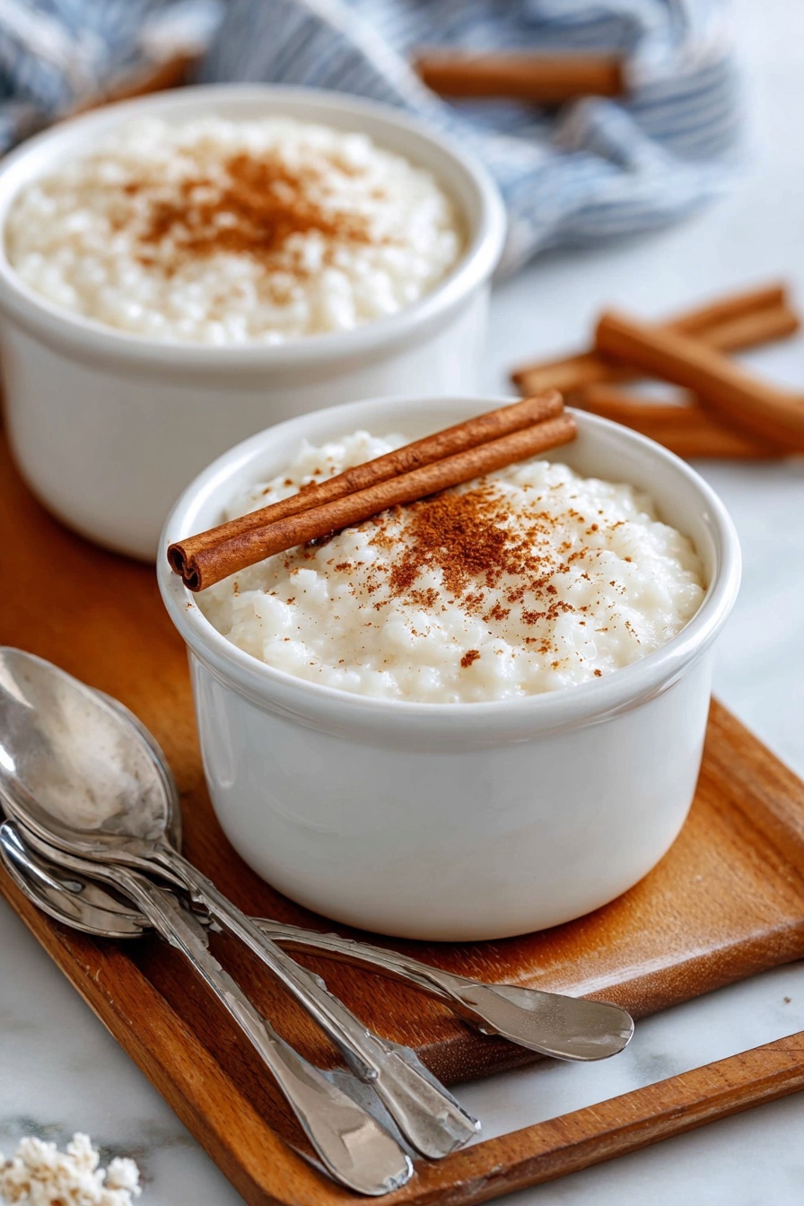 Creamy Rice Pudding with Vanilla and Cinnamon, rice pudding recipes, easy rice pudding, comforting dessert recipes, vanilla cinnamon rice pudding - A white pot filled with creamy rice pudding sprinkled with light brown cinnamon powder on top, with a whole cinnamon stick resting on the rim of the pot. A spoon held by a woman's hand lifts a spoonful of the pudding, showing soft, plump rice grains coated in thick, white cream with a light dusting of cinnamon. In the background, another white bowl contains more rice pudding with cinnamon on top, set on a white marbled surface. The scene is softly lit, highlighting the smooth texture and warm tones of the dessert. photo taken with an iphone --ar 2:3 --v 7