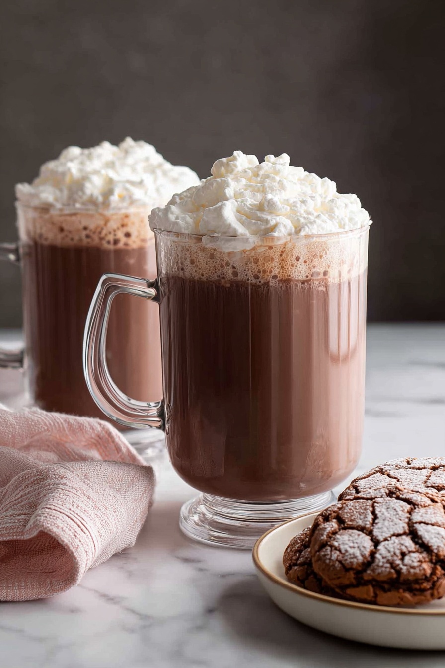 Creamy Homemade Hot Chocolate, homemade hot chocolate, easy hot chocolate recipe, rich hot chocolate, cozy winter drinks - The image shows a clear glass mug filled with dark brown hot chocolate as the bottom layer, topped with a thick, fluffy layer of white whipped cream that is swirled and slightly peaked in the center, filling the mug to the top. The mug rests on a white marbled surface beside a brownish checkered cloth on the left and a white plate with dark brown cookies with cracked tops slightly visible on the lower right. Photo taken with an iphone --ar 2:3 --v 7