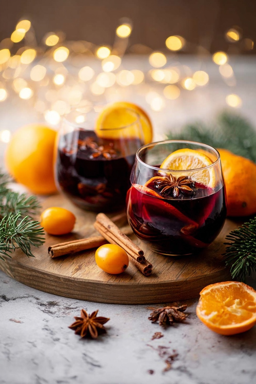 Easy German Mulled Wine, warm festive drinks, holiday mulled wine, cozy winter beverages, homemade mulled wine - Two round glasses filled with dark red mulled wine sit on a wooden board, each glass holding a large orange slice, a cinnamon stick, and a star anise floating on top. Around the glasses are small bright orange kumquats, some whole and one sliced open, as well as a halved orange showing its juicy texture. Cinnamon sticks and star anise are scattered near the glasses, with some pine branches adding a natural touch. The scene is set against a soft glowing background with yellow fairy lights and a white marbled surface below, creating a warm and cozy feeling. Photo taken with an iphone --ar 2:3 --v 7
