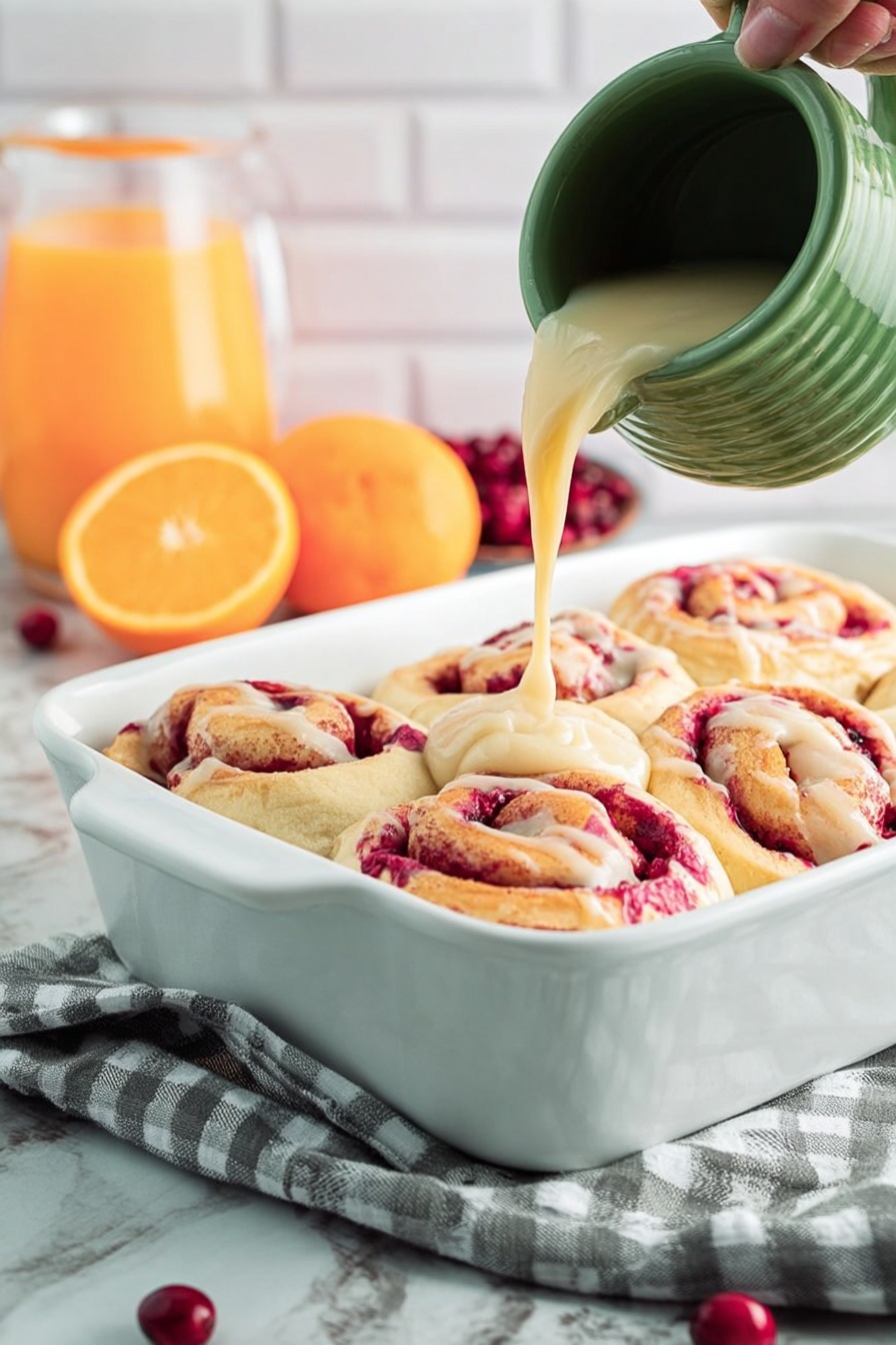 Cranberry Orange Sweet Rolls, cranberry orange sweet rolls, orange cranberry brunch ideas, flaky sweet roll recipes, festive breakfast treats - The image shows a white rectangular baking dish holding six cinnamon rolls covered with a thick white icing that has some visible red berry pieces mixed in. The rolls have a light golden color underneath the icing, with swirls of red berries inside the dough. In the background, there is a small white bowl filled with dark red cranberries and slices of bright orange orange fruit. The dish is placed on a white marbled surface with a gray and white checkered cloth partially visible under the dish. Photo taken with an iphone --ar 2:3 --v 7