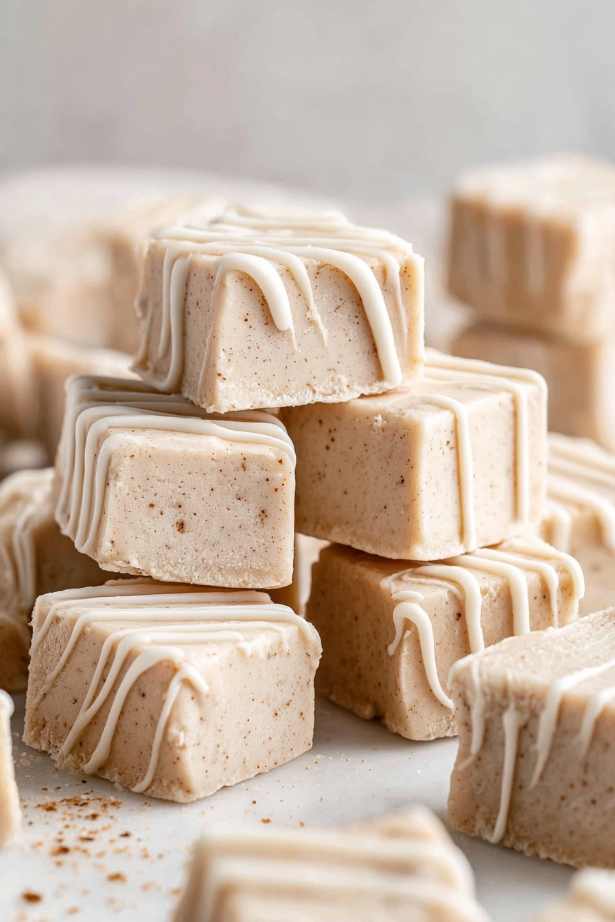 Cinnamon Roll Fudge, cinnamon roll fudge recipe, easy cinnamon fudge, white chocolate cinnamon fudge, cinnamon dessert ideas - The image shows many pieces of light beige fudge with a smooth, slightly speckled texture, stacked and spread out on a white marbled surface. Each piece is square or round and has creamy white icing drizzled in zigzag patterns on top, with some icing dripping down the sides. The fudge looks soft and dense, with small brown specks that add detail to the color. The soft background is blurred and neutral, keeping the focus on the fudge pieces. Photo taken with an iphone --ar 2:3 --v 7