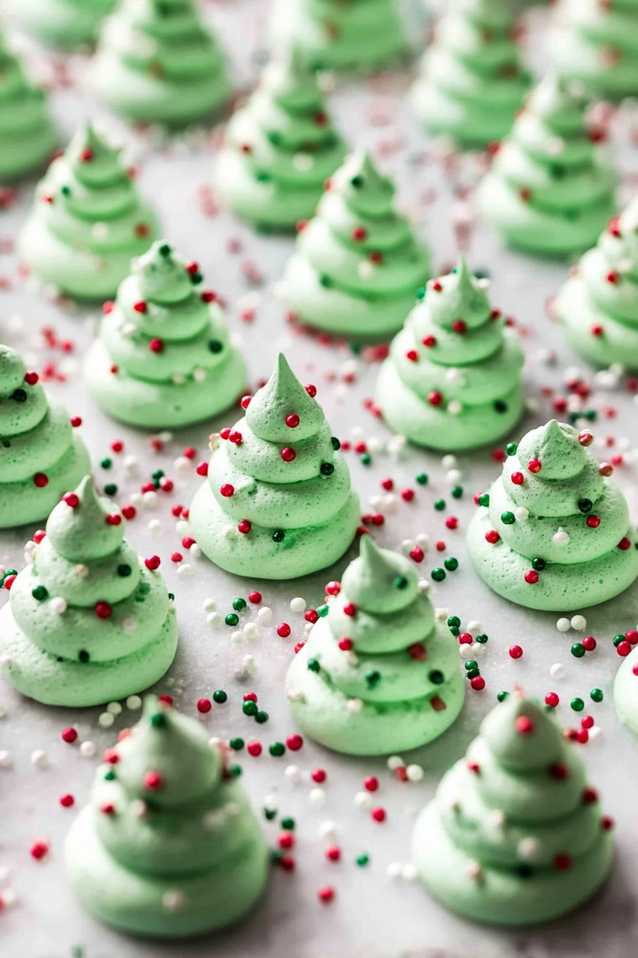 Green Christmas Meringue Trees, holiday meringue treats, festive Christmas dessert, homemade holiday meringues, colorful Christmas cookies - The image shows many small, green meringue cookies shaped like tiny Christmas trees arranged in neat rows on a white marbled surface. Each meringue has three swirling layers that get smaller as they go up, giving a pointed top. The green meringues are decorated with round red, white, and green sprinkles scattered evenly on each layer and on the surface around them. The overall look is festive and bright with a soft texture and shiny finish. photo taken with an iphone --ar 2:3 --v 7
