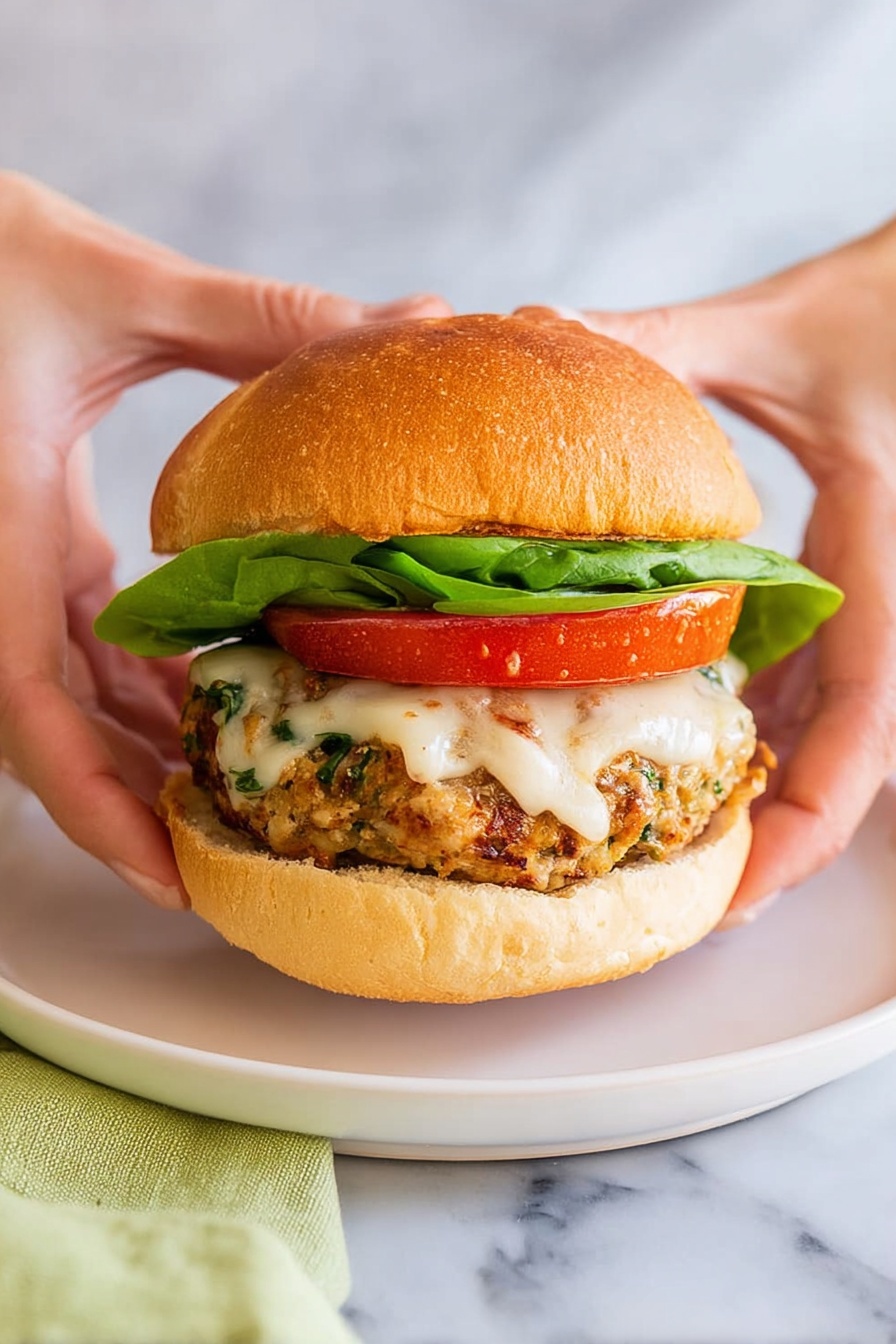 Chicken Spinach Burgers with Mozzarella, healthy chicken burger recipes, easy spinach burger ideas, cheesy chicken burger recipes, nutritious burger dishes - A sandwich held by two woman's hands shows five clear layers: at the bottom, a white bun with a soft texture; above it, a bright green lettuce leaf with smooth edges; next, a thick slice of red tomato with a juicy look; on top of the tomato sits a cooked patty with bits of green herbs mixed in and covered by melted white cheese with a slightly bubbly surface; finishing the sandwich is the top white bun, golden brown and slightly textured. The sandwich rests on a plain white plate, set on a white marbled surface with a light green cloth nearby. photo taken with an iphone --ar 2:3 --v 7
