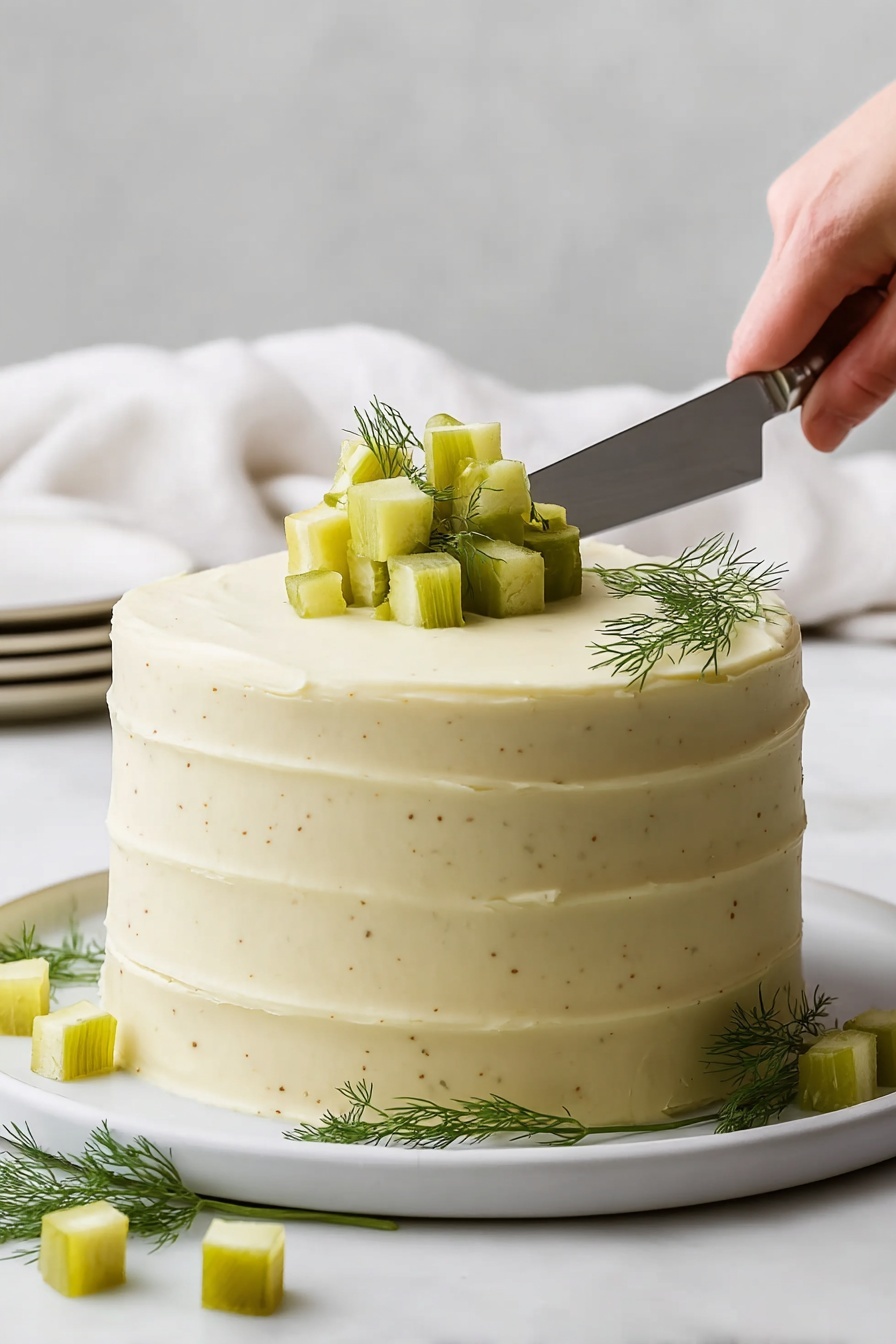 Dill Pickle Cake, unique cake recipes, tangy dessert ideas, pickle flavored cake, surprising dessert recipes - A smooth, pale yellow layered cake with four visible layers is placed on a white plate. The cake is covered evenly with creamy frosting that has faint specks and gentle ridges around the sides. On top, there is a pile of small, greenish-yellow cube-shaped pieces with a few sprigs of fresh dill arranged around them and scattered at the base of the cake. A woman's hand holding a small knife is gently slicing into the top of the cake. The setup is on a white marbled surface with a soft white cloth in the background. Photo taken with an iphone --ar 2:3 --v 7