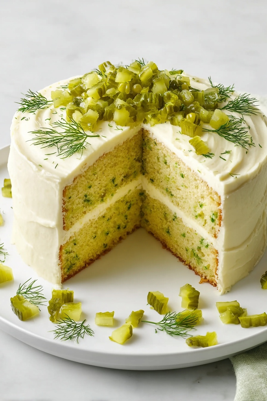 Dill Pickle Cake, unique cake recipes, tangy dessert ideas, pickle flavored cake, surprising dessert recipes - A two-layer round cake with light yellow-green sponge that has small green herb pieces inside is shown on a white plate. Between the layers is a thin layer of smooth off-white frosting, which also covers the outside of the cake evenly with soft swirls. On top of the cake there is a pile of small diced green pickles and a few sprigs of fresh green dill. More diced pickles and dill pieces are scattered artfully on the white plate around the cake, all placed on a white marbled surface. Photo taken with an iphone --ar 2:3 --v 7