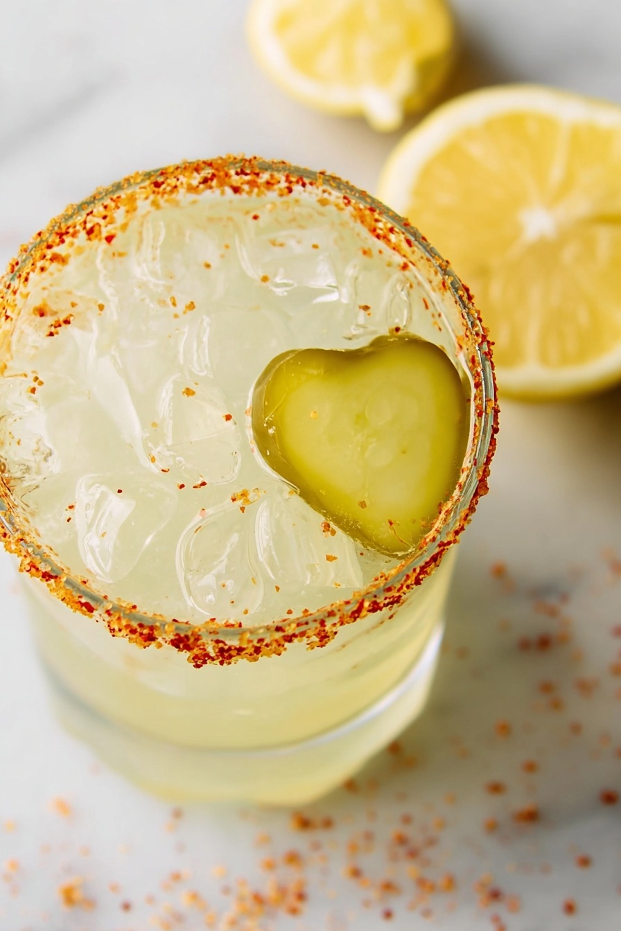 Dill Pickle Margarita, Dill Pickle Margarita recipe, pickle cocktail, savory margarita, unique margarita drinks - A clear, ribbed glass filled with a pale yellow drink, showing condensation on the outside. The glass is topped with large, clear ice cubes and garnished with a thick green lime wedge on the rim. The rim of the glass is coated with bright red chili powder, creating a colorful contrast against the light drink and white marbled surface it sits on. Blurred lemon wedges are faintly visible in the background, adding a fresh, summery feel to the image. photo taken with an iphone --ar 2:3 --v 7