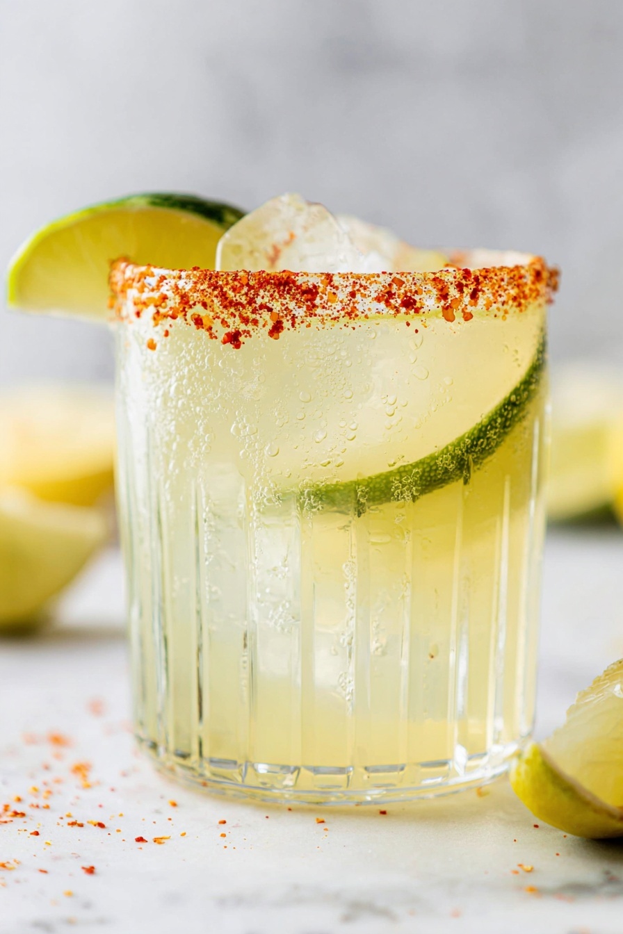 Dill Pickle Margarita, Dill Pickle Margarita recipe, pickle cocktail, savory margarita, unique margarita drinks - The image shows a close-up of a clear glass filled with ice cubes and a pale yellow drink. The rim of the glass is coated with coarse reddish-orange seasoning. Inside the drink, there is a thin pickle slice shaped like a heart, floating near the top. In the background, there are two lemon halves placed on a white marbled surface. The photo was taken with an iphone --ar 2:3 --v 7