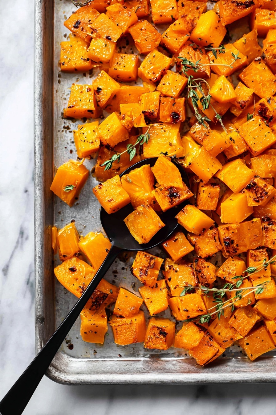 Roasted Butternut Squash with Brown Butter, roasted butternut squash, brown butter side dish, fall vegetable recipes, cozy autumn sides - This image shows a baking tray filled with roasted orange cubes of butternut squash, evenly spread out in one layer. The squash pieces have a mix of smooth and slightly charred edges with light browning, and tiny dark seasoning bits are scattered on top. There are small green thyme sprigs placed randomly among the squash. A black spoon is scooping a portion of the roasted squash from the tray, creating a slight gap showing the metallic tray surface beneath. The tray is set on a white marbled surface. photo taken with an iphone --ar 2:3 --v 7