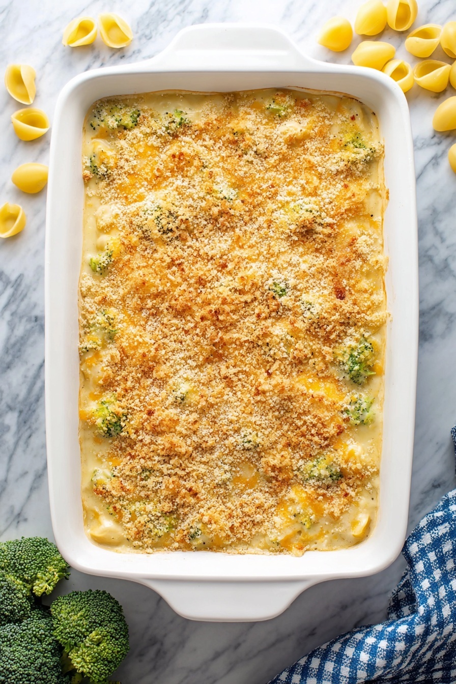 Baked Broccoli Mac and Cheese, Broccoli Mac and Cheese, Cheesy Broccoli Pasta Bake, Baked Mac and Cheese with Broccoli, Easy Broccoli Mac and Cheese - A white rectangular baking dish filled with a baked casserole that has three visible layers: the bottom layer is a smooth pale yellow base, the middle layer contains green broccoli pieces mixed into a creamy sauce, and the top layer is golden brown melted cheese covered with a crunchy light brown breadcrumb topping. The casserole edges show some bubbling and slight browning. Around the dish on a white marbled surface are yellow pasta shells and broccoli florets, with a blue and white checkered cloth on the right side. Photo taken with an iphone --ar 2:3 --v 7