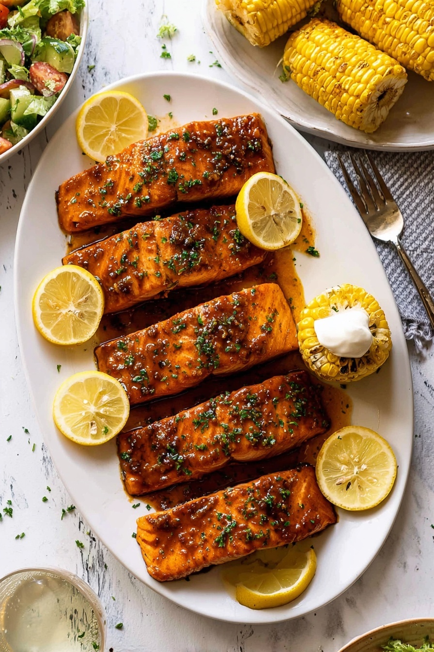 Marinated Grilled Salmon, flavorful grilled salmon recipes, easy healthy seafood dinner, citrus honey salmon marinade, smoky grilled salmon - The image shows a white oval plate with four grilled salmon fillets arranged in a single vertical line, each piece covered in a shiny brown glaze and sprinkled with green herbs. Around the salmon are seven lemon wedges, strategically placed to frame the fish with their bright yellow color. On the right side of the plate, there is a small corn cob with grill marks and a dollop of white sauce on top. The background features a white marbled surface with a barely visible fork at the top and parts of a salad bowl and a dish holding more corn cobs on each side, both on the same white marbled texture. The photo taken with an iphone --ar 2:3 --v 7