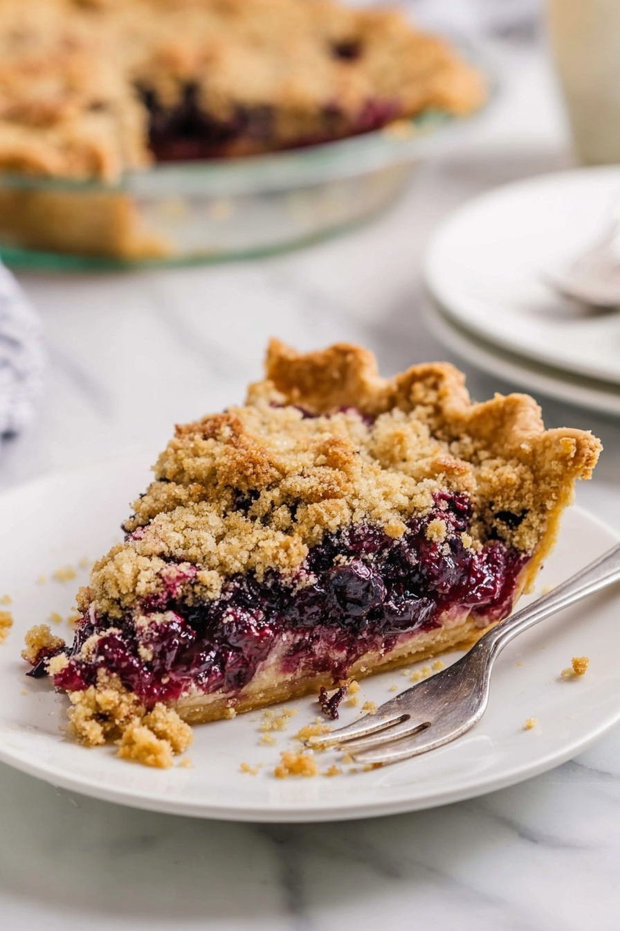 Blueberry Pie with Crumb Topping, blueberry pie recipe, easy blueberry dessert, fresh blueberry pie, homemade fruit pie - A slice of pie with three visible layers sits on a white plate. The bottom layer is a golden crust that looks firm and crisp. Above that is a thick, creamy layer mixed with dark purple berries that spill slightly on the plate. The top layer is a crumbly, light brown streusel topping, adding texture and contrast. A silver fork rests next to the slice, with a small piece of pie on its tine, showing a soft interior mixed with the berries. The plate and pie are on a white marbled surface, and in the background, the rest of the pie sits in a clear glass pie dish. Photo taken with an iphone --ar 2:3 --v 7