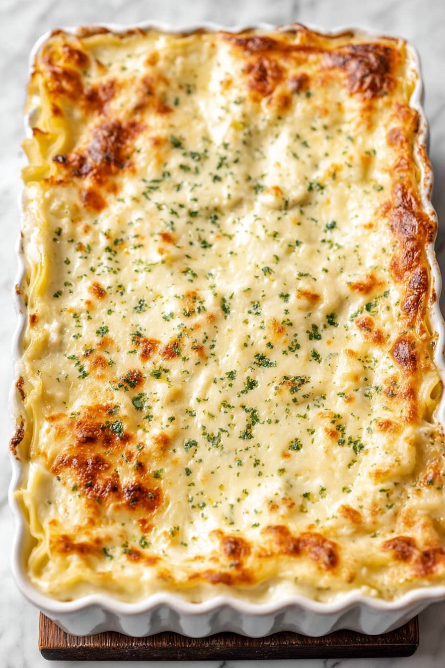 Chicken Tetrazzini Bake, creamy chicken casserole, easy weeknight dinner, cheesy chicken bake, comfort food casserole - A white scalloped rectangular baking dish filled with a baked casserole that has multiple layers of pasta sheets covered with creamy white cheese sauce. The top layer is golden-brown and bubbly with specks of green herbs evenly spread across the surface. The edges of the pasta are slightly browned and crispy, giving a textured look to the sides. The dish rests on a white marbled surface. Photo taken with an iphone --ar 2:3 --v 7