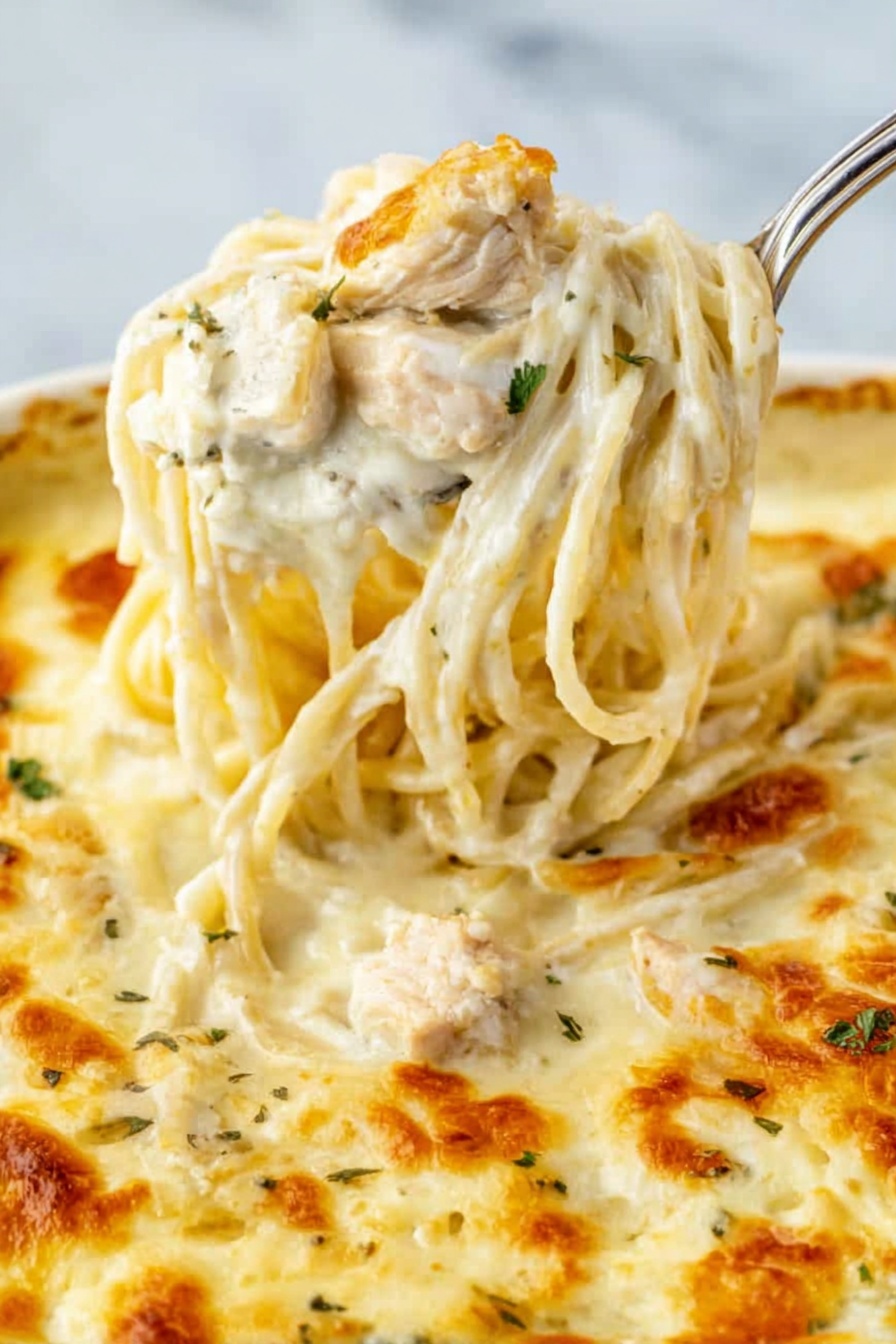 Chicken Tetrazzini Bake, creamy chicken casserole, easy weeknight dinner, cheesy chicken bake, comfort food casserole - This image shows a close-up of creamy pasta with pieces of cooked chicken on a white dish with a white marbled surface underneath. The dish has a base layer of long, soft spaghetti noodles covered in a thick, creamy white cheese sauce with lightly browned spots on top, indicating it has been baked. Small sprinkles of green herbs are scattered on the sauce. A silver fork lifts a portion of the noodles and chicken, creating a lifted layer above the creamy base. The sauce looks smooth and rich, while the chicken pieces are pale and tender with slight texture. Photo taken with an iphone --ar 2:3 --v 7