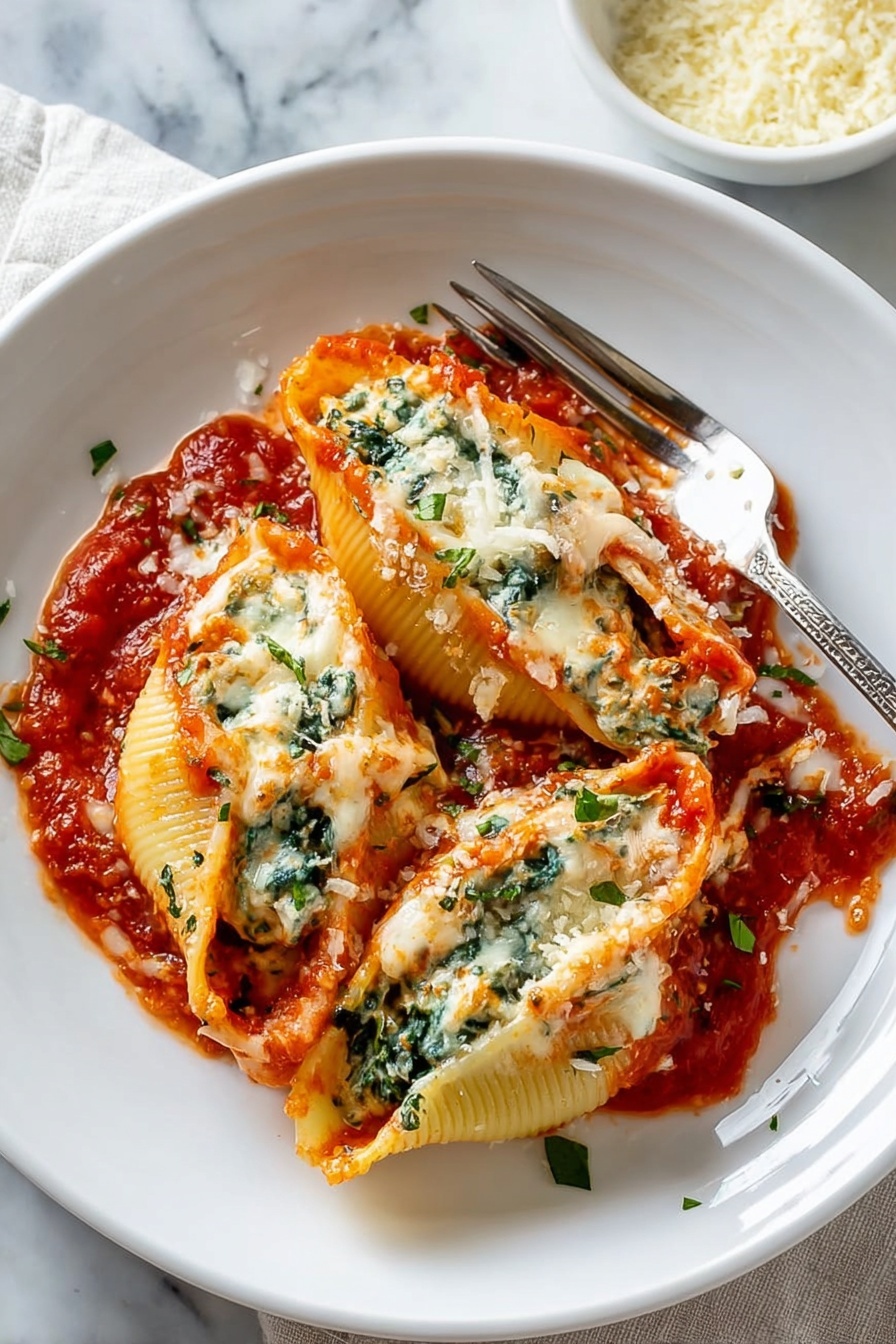 Cheese Stuffed Shells with Spinach, cheese stuffed shells, spinach stuffed pasta, baked stuffed shells, cheesy spinach pasta - The image shows a round white skillet filled with large pasta shells stuffed with creamy spinach and cheese, arranged in a circular pattern. Each shell is covered with melted white and orange cheese, with a rich red tomato sauce visible underneath and around the edges. The skillet rests on a white marbled surface with a soft beige cloth partially under it. A silver serving spoon with a wooden handle is scooping one stuffed shell from the right side of the skillet. In the background, there is a white bowl with grated cheese and green parsley leaves. Photo taken with an iphone --ar 2:3 --v 7
