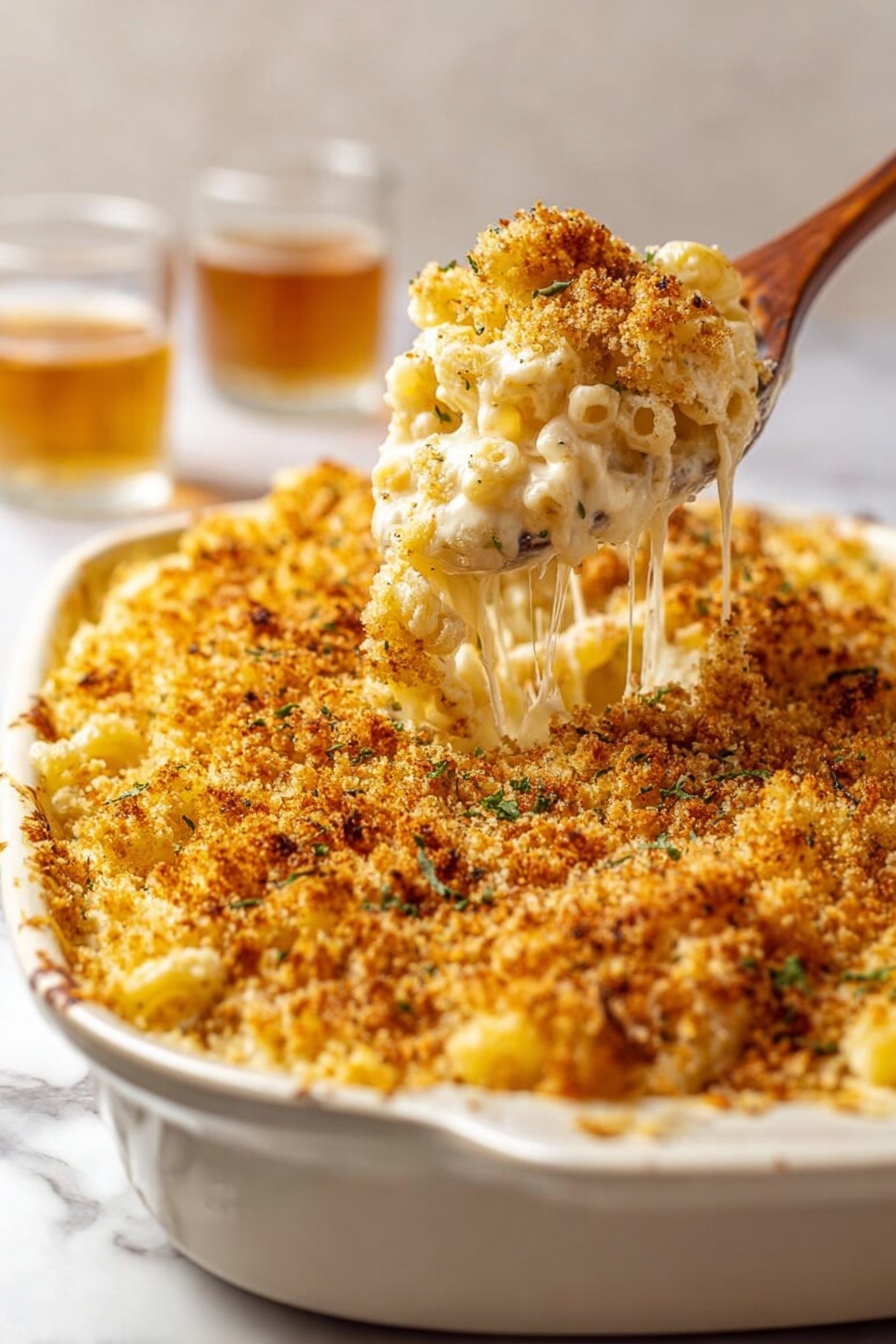 Decadent Mac and Cheese Bake, cheesy baked mac and cheese, easy comfort food recipes, creamy baked pasta, best mac and cheese dishes - A white ceramic dish is filled with baked macaroni and cheese topped with a thick layer of golden brown breadcrumbs. The pasta underneath is covered with melted creamy cheese that stretches in strings as a wooden spoon lifts a portion, showing a soft, shiny, off-white cheesy sauce holding the macaroni together. The breadcrumb topping has a rough, crispy texture with small green herb specks visible. In the background, two glasses with light brown liquid sit on a white marbled surface. Photo taken with an iphone --ar 2:3 --v 7