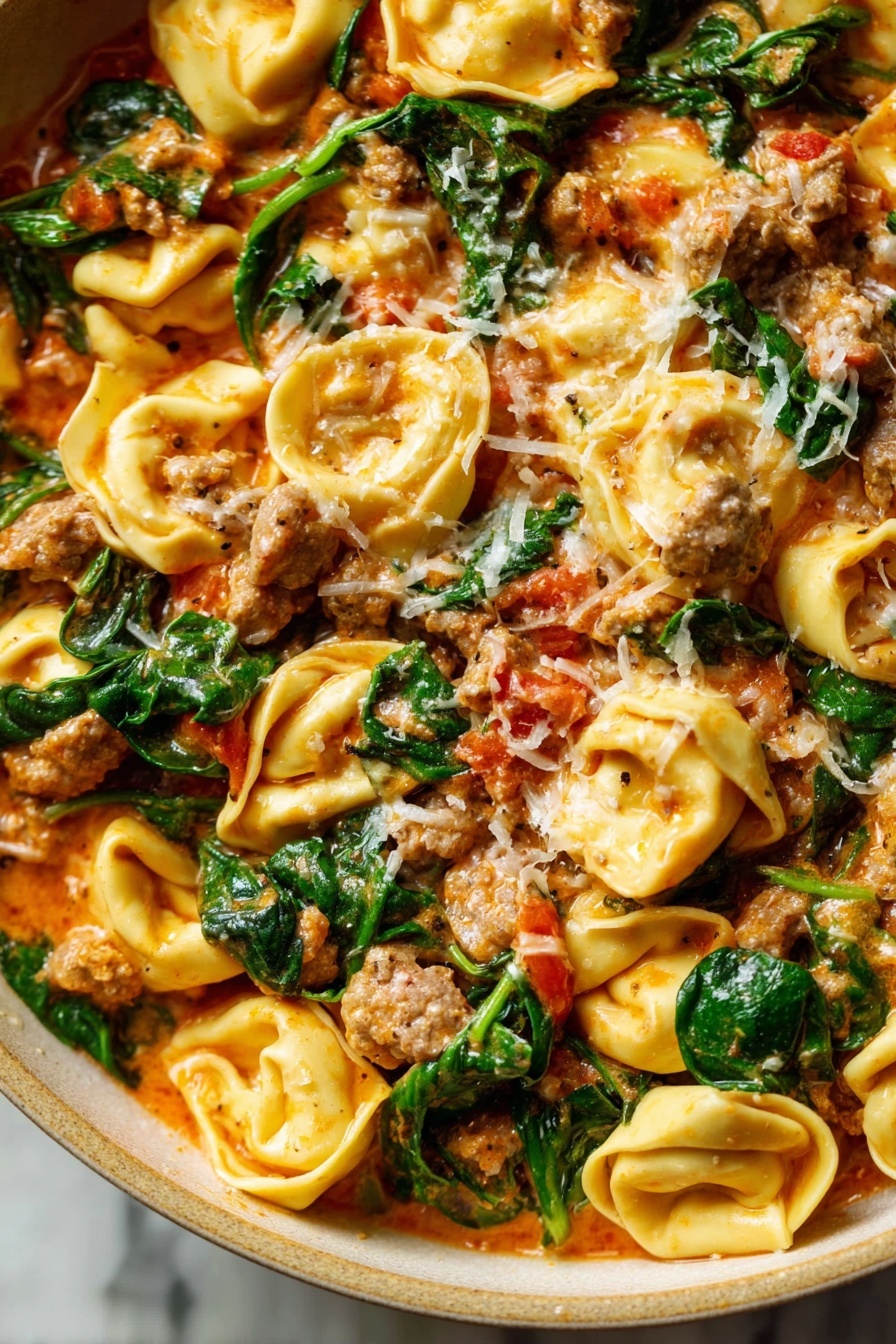 One-Pan Italian Sausage Tortellini, Italian Sausage Tortellini Recipe, Creamy Tomato Sausage Pasta, One-Pan Pasta Dinner, Easy Sausage Tortellini - The image shows a close-up of a dish filled with multiple layers of stuffed pasta pieces that are light yellow in color with soft, slightly wrinkled edges. Mixed in between the pasta are small chunks of light brown cooked meat and scattered bright green spinach leaves that add a fresh, leafy texture. The entire dish is coated with a creamy, light orange sauce that blends smoothly with the pasta and meat, making the ingredients look moist and rich. The colors of the pasta, meat, spinach, and sauce create a warm, inviting appearance. The photo taken with an iphone --ar 2:3 --v 7