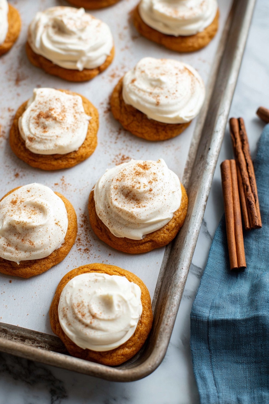 Pumpkin Cookies with Cream Cheese Frosting, fall pumpkin cookie recipes, soft pumpkin cookies, pumpkin spice cookies,cream cheese frosting desserts - The image shows a metal baking tray with white parchment paper holding several round orange-brown cookies. Each cookie has a thick layer of white creamy frosting spread unevenly on top, with a light dusting of brown spice powder sprinkled over the frosting. The cookies have a soft and slightly bumpy texture, and the edges are slightly rounded. There are two cinnamon sticks placed on the tray near the cookies on the right side. The tray is set on a white marbled surface, with a blue cloth partially visible to the right. photo taken with an iphone --ar 2:3 --v 7