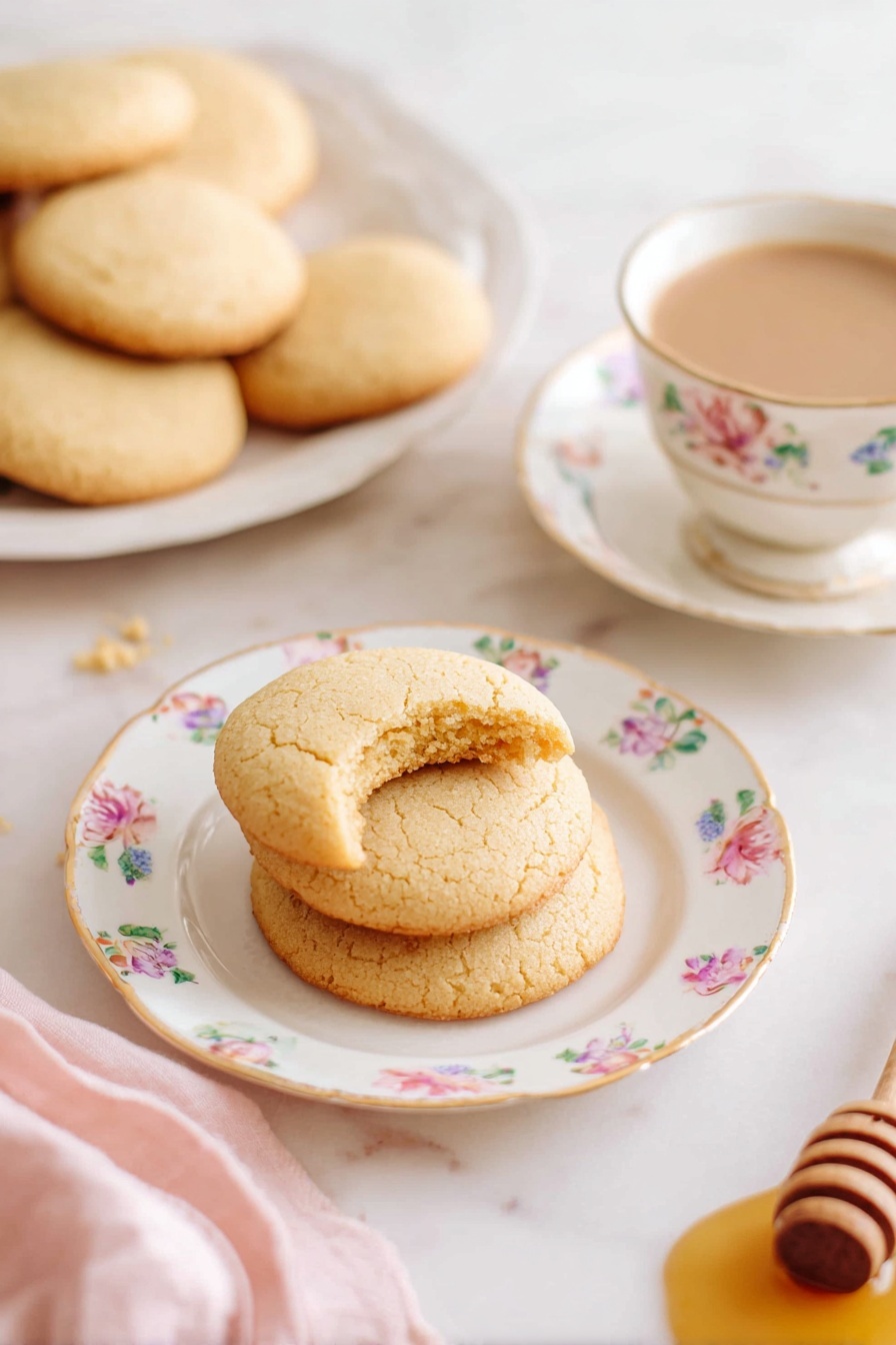 Honey Cookies, Honey Cookies Recipe, Easy Honey Cookies, Soft Honey Cookies, Chewy Honey Cookies - The image shows a stack of two light golden brown cookies on a white plate with small colorful flower patterns around the edges. On top of the stack is a broken cookie showing a soft, crumbly inside that is light beige. Behind this plate, there is a matching white plate with more whole cookies stacked in a slight pile. To the right, a white floral patterned cup filled with coffee with cream is visible, resting on a matching saucer. A wooden honey dipper with honey is slightly blurred in the background on the white marbled surface. A soft pink cloth is partially visible on the lower left corner. Photo taken with an iphone --ar 2:3 --v 7
