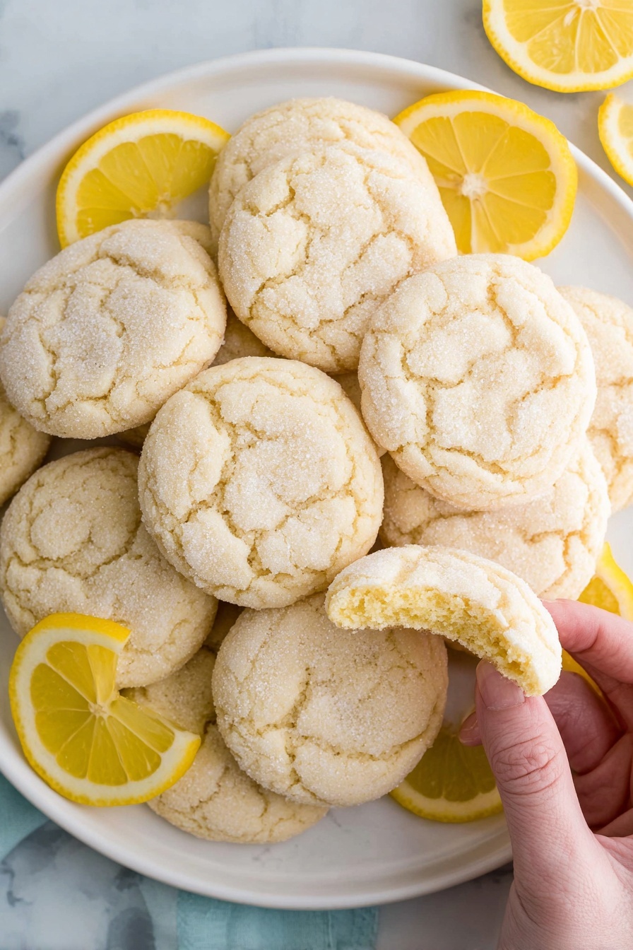 Lemon Cookie, Lemon Cookie Recipe, Zesty Lemon Cookies, Soft Lemon Cookies, Chewy Lemon Cookies - A white plate filled with a pile of round, light beige cookies that look soft and slightly cracked on top. The cookies have a sugar-coated texture and one cookie near the center has a bite taken out of it, showing a soft inside. Around the cookies, there are several bright yellow lemon slices placed for decoration. A woman's hand is picking up a cookie from the bottom right of the plate. The background is a white marbled texture. photo taken with an iphone --ar 2:3 --v 7