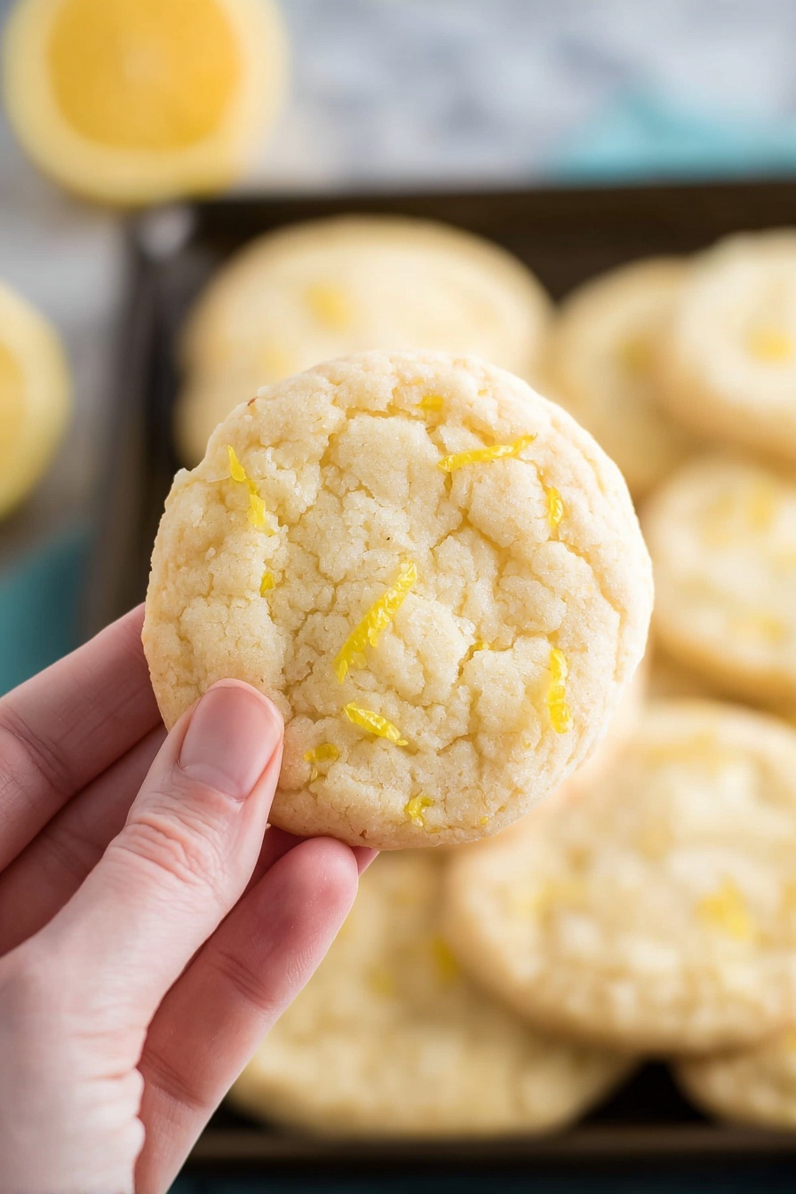 Lemon Cookie, Lemon Cookie Recipe, Zesty Lemon Cookies, Soft Lemon Cookies, Chewy Lemon Cookies - A close-up image shows a woman's hand holding a single pale yellow cookie with small pieces of lemon zest on its surface. The cookie is round, slightly cracked with a soft texture, and looks thin. In the background, more similar cookies are lined up on a black tray, softly blurred, sitting on a white marbled surface. On the left side, a bit of a sliced lemon is visible but out of focus. Photo taken with an iphone --ar 2:3 --v 7