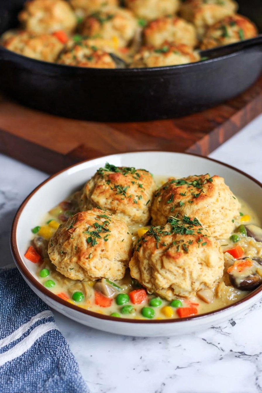 Cheddar Bay Chicken Pot Pie, Chicken Pot Pie with Cheddar Bay Biscuits, Easy Chicken Pot Pie, Comfort Food Recipes, Homemade Chicken Pot Pie - The image shows a white plate filled with two golden-brown biscuit-like clusters that are round and topped with green herbs, sitting on a creamy mixture of chopped vegetables including green peas, carrots, mushrooms, corn, and pieces of shredded meat. The dish is colorful with light yellow cream, bright orange, green, and yellow veggies, and pieces of meat peeking through. In the background, there is a black cast iron skillet filled with more of the same biscuit clusters, resting on a wooden surface with a blue and white striped towel nearby. The setting is on a white marbled texture surface. Photo taken with an iphone --ar 2:3 --v 7