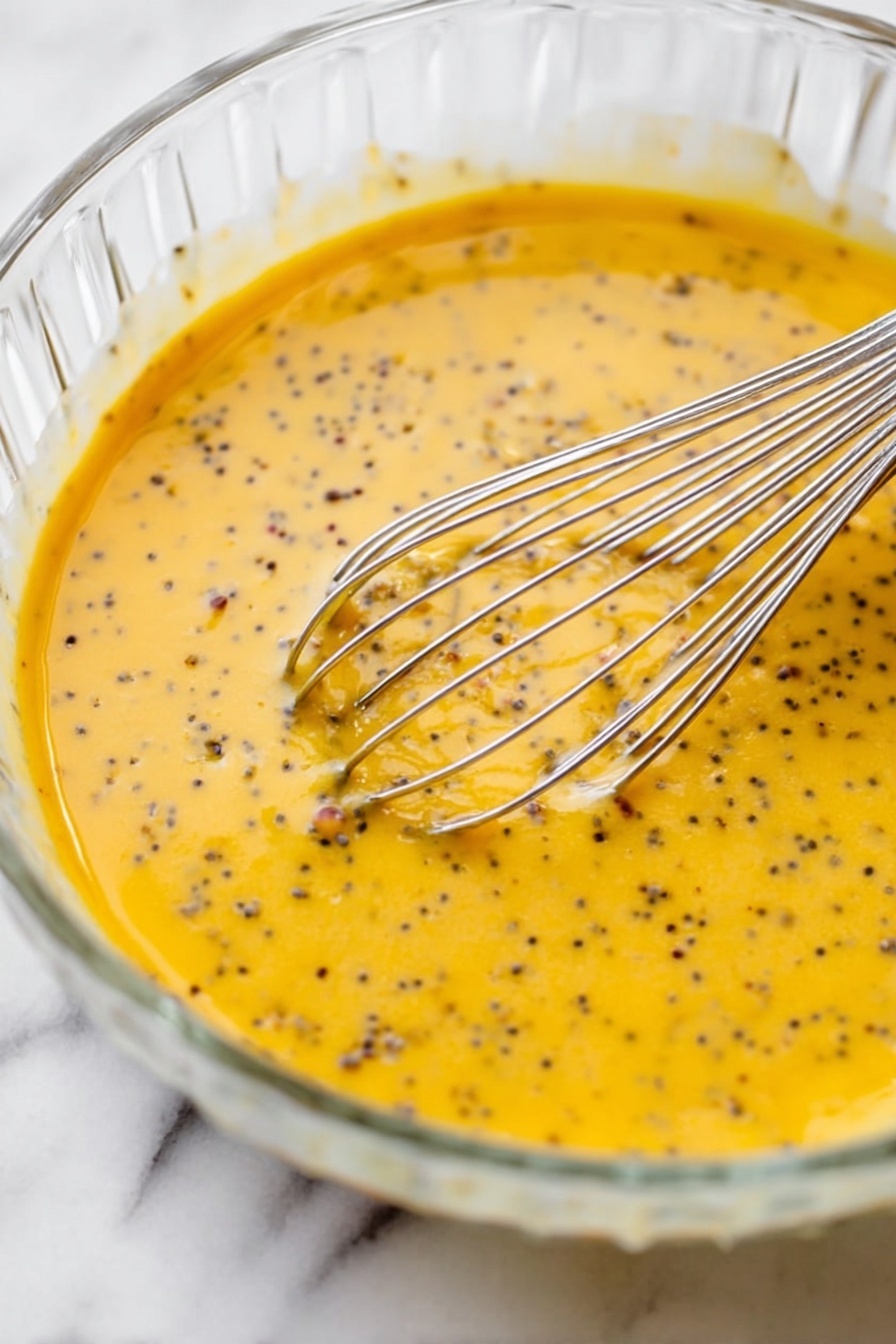 Pumpkin Chia Seed Pudding, healthy fall desserts, quick vegan pudding, nutritious breakfast ideas, cozy pumpkin snacks - A close-up of a clear glass bowl on a white marbled surface filled with a smooth yellow mixture speckled with small black and brown seeds, being gently stirred by a silver metal whisk with thin, curved wires resting partly in the mixture. The bowl edges are visible with some of the mixture clinging to the inner sides, showing a light texture and fluidity. Photo taken with an iphone --ar 2:3 --v 7