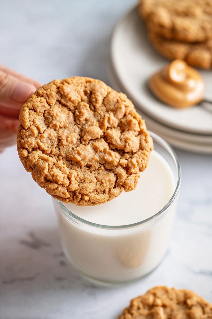 Peanut Butter Oatmeal Cookies, chewy peanut butter cookies, easy oatmeal cookies, healthy cookies with peanut butter, quick oatmeal cookie recipe - A large round cookie with a cracked, rough texture and light brown color is being held by a woman's hand above a clear glass filled halfway with white milk. In the background, on a white marbled surface, there is a stack of white plates with a spoon resting on top, holding a dollop of creamy, smooth light brown peanut butter. Another cookie is slightly out of focus near the plates. Photo taken with an iphone --ar 2:3 --v 7