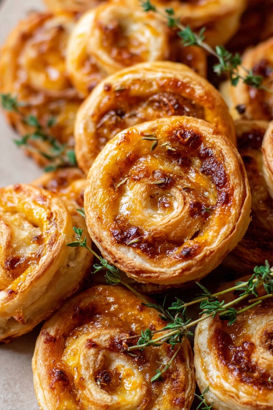 Fig and goat cheese puff pastry pinwheels, fig and goat cheese appetizer, easy fig and goat cheese appetizer, elegant puff pastry appetizers, quick fig and goat cheese bites - A pile of golden puff pastry pinwheels stacked closely together, each containing at least three visible flaky layers that are light brown and crisp. The pinwheels have a glossy, slightly caramelized surface with some melted orange cheese peeking through the spirals. Small sprigs of fresh green thyme lay scattered on and around the pinwheels, adding contrast to the warm colors. The background is a white marbled texture. photo taken with an iphone --ar 2:3 --v 7