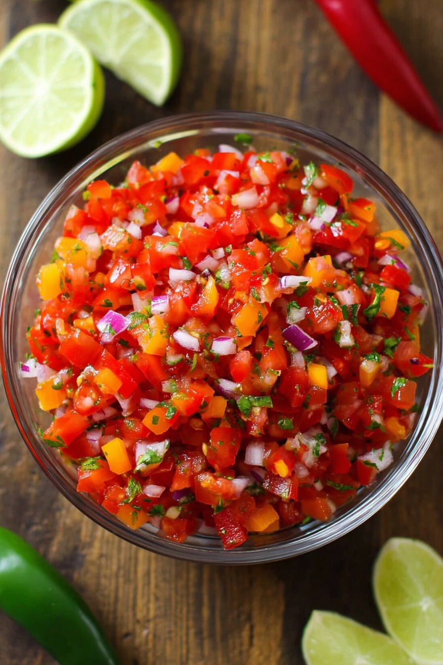 Creamy Guacamole with Cotija and Confetti Salsa, layered guacamole dip, festive avocado dip, Mexican-inspired guacamole, colorful salsa recipe - A clear glass bowl filled with a fresh mix of finely chopped red tomatoes, small orange bell pepper pieces, tiny bits of purple onion, and small green herb leaves, all evenly mixed together. The bowl sits on a wooden surface with lime wedges and a green chili pepper placed around it. The colors are bright and vibrant, showing a fresh and colorful salsa. photo taken with an iphone --ar 2:3 --v 7