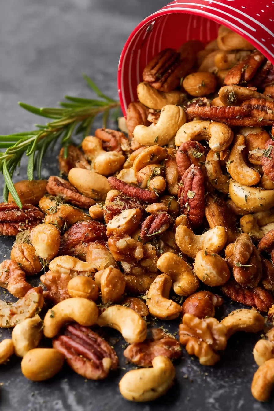 Spiced Roasted Nuts with Rosemary, Roasted Nuts with Rosemary, Spiced Nuts Snack, Herb-Infused Roasted Nuts, Flavorful Nut Mix - A close-up image shows a mix of nuts spilling out from a red-striped container onto a dark surface. The nuts include cashews, pecans, walnuts, and peanuts, all roasted to a golden-brown color and lightly seasoned with small bits of herbs and spices, creating a textured and crunchy look. A sprig of fresh rosemary rests near the nuts, adding a touch of green to the warm palette. The white marbled texture background highlights the rich colors of the nuts and container, giving the scene a fresh, natural feel. photo taken with an iphone --ar 2:3 --v 7