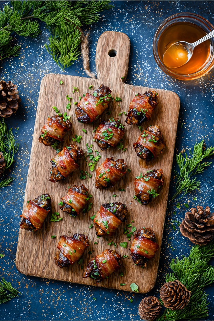 Bacon-Wrapped Dates with Goat Cheese, savory appetizer recipes, easy party appetizers, gourmet snack ideas, crowd-pleasing finger foods - The image shows a wooden board with seven small food pieces neatly arranged on it. Each piece has three visible layers: a dark brown, wrinkled date at the base, wrapped by a shiny, crisp, golden-brown bacon strip, and topped with small green herb leaves. The bacon looks slightly glazed with a glossy texture and the herbs add a fresh pop of color. The wooden board has a natural grain pattern with soft light highlighting the juicy textures. The background is a white marbled texture. photo taken with an iphone --ar 2:3 --v 7