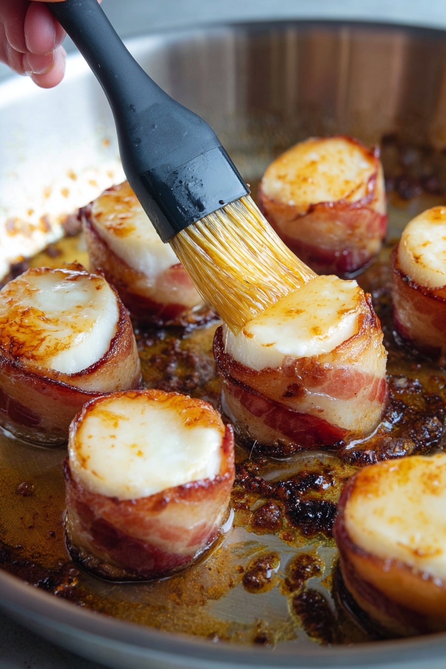 Bacon-Wrapped Scallops, scallop appetizer ideas, seafood appetizer recipes, easy scallops with bacon, gourmet seafood dishes - The image shows several round pieces of food in a metal pan; each piece has two layers, a light golden-brown top layer with a soft texture that looks like melted cheese or a similar item, and a bottom layer wrapped in crispy bacon with visible toothpicks holding the layers together. A woman's hand holds a black brush with transparent yellow bristles, spreading a shiny glaze over one of the food pieces, giving it a glossy finish. The pan has some brown crispy spots and oil around the food, indicating cooking in progress. photo taken with an iphone --ar 2:3 --v 7