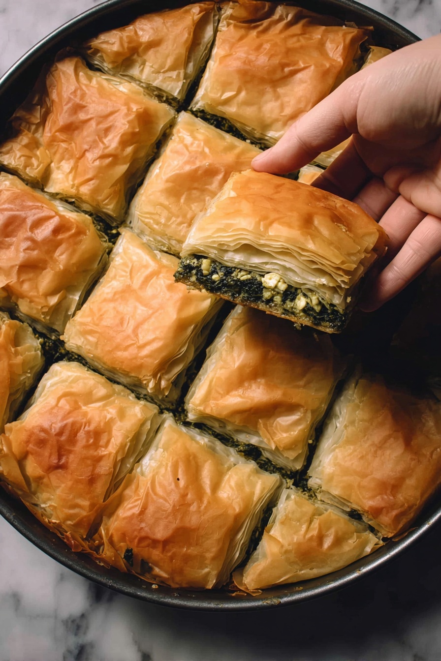 Easy Spinach Spanakopita with Homemade Phyllo, homemade spinach spanakopita, Greek spinach pie, homemade phyllo dough, flaky spinach spanakopita - The image shows a round baking pan with a pastry cut into nine square pieces. The top layer is golden brown, flaky, and slightly wrinkled. Inside, there are several visible thin layers with a green leafy filling. A woman's hand is holding one piece above the pan, showing the layered texture clearly. The dark green filling contrasts with the light golden pastry layers. All is placed on a surface with a white marbled texture. photo taken with an iphone --ar 2:3 --v 7