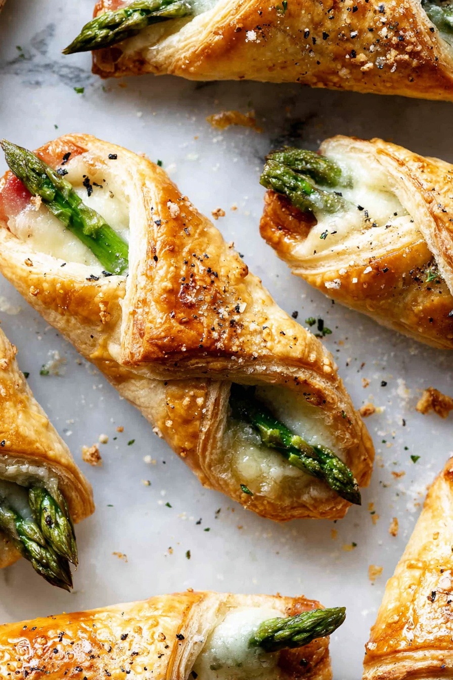 Asparagus Puff Pastry Bundles, asparagus appetizer, puff pastry recipes, prosciutto and cheese pastries, elegant spring appetizers - The image shows several baked pastries with golden-brown, flaky layered crusts, each wrapped around white melted cheese and green asparagus spears visible at the open ends. The pastries have a slight shine, sprinkled with coarse salt and black pepper on top, and are placed on a white marbled surface with some scattered crumbs and seasoning bits around. The layers of the puff pastry are crisp and well-defined, with the asparagus tips standing out sharply against the creamy cheese inside. photo taken with an iphone --ar 2:3 --v 7