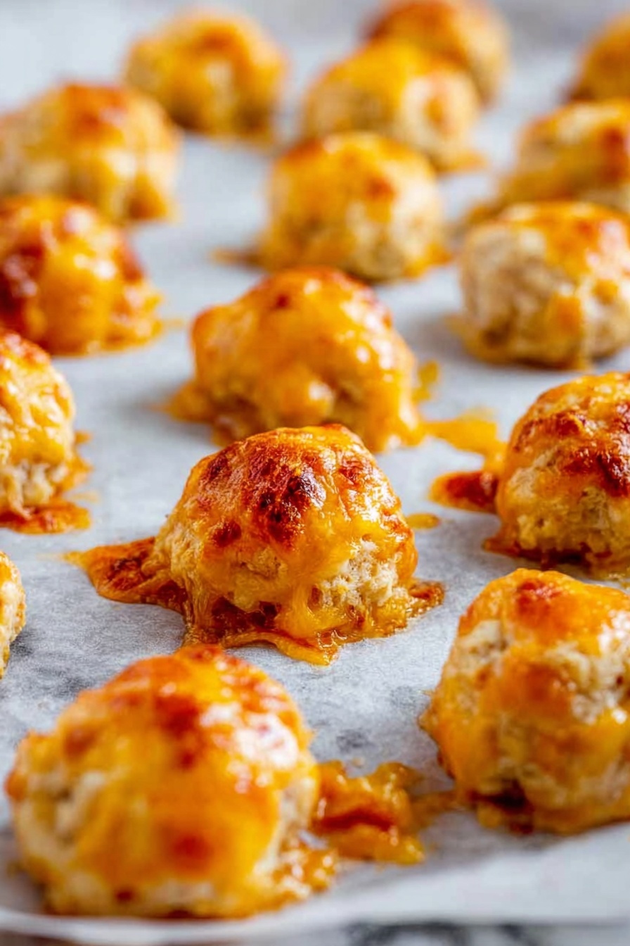 Cream Cheese Sausage Balls, sausage balls recipe, cheesy sausage bites, savory appetizer ideas, easy party snacks - The image shows many small round cheese balls baked on white parchment paper placed on a white marbled surface. Each ball has a rough, lumpy texture with golden orange melted cheese oozing on top and slightly browned edges where the cheese has crisped, creating a shiny, rich look. The cheese has spread a bit around the base, making crispy orange patches on the paper. The lighting highlights the shiny and slightly crunchy texture of the melted cheese, with some cheese balls in soft focus in the background, all arranged in rows. photo taken with an iphone --ar 2:3 --v 7